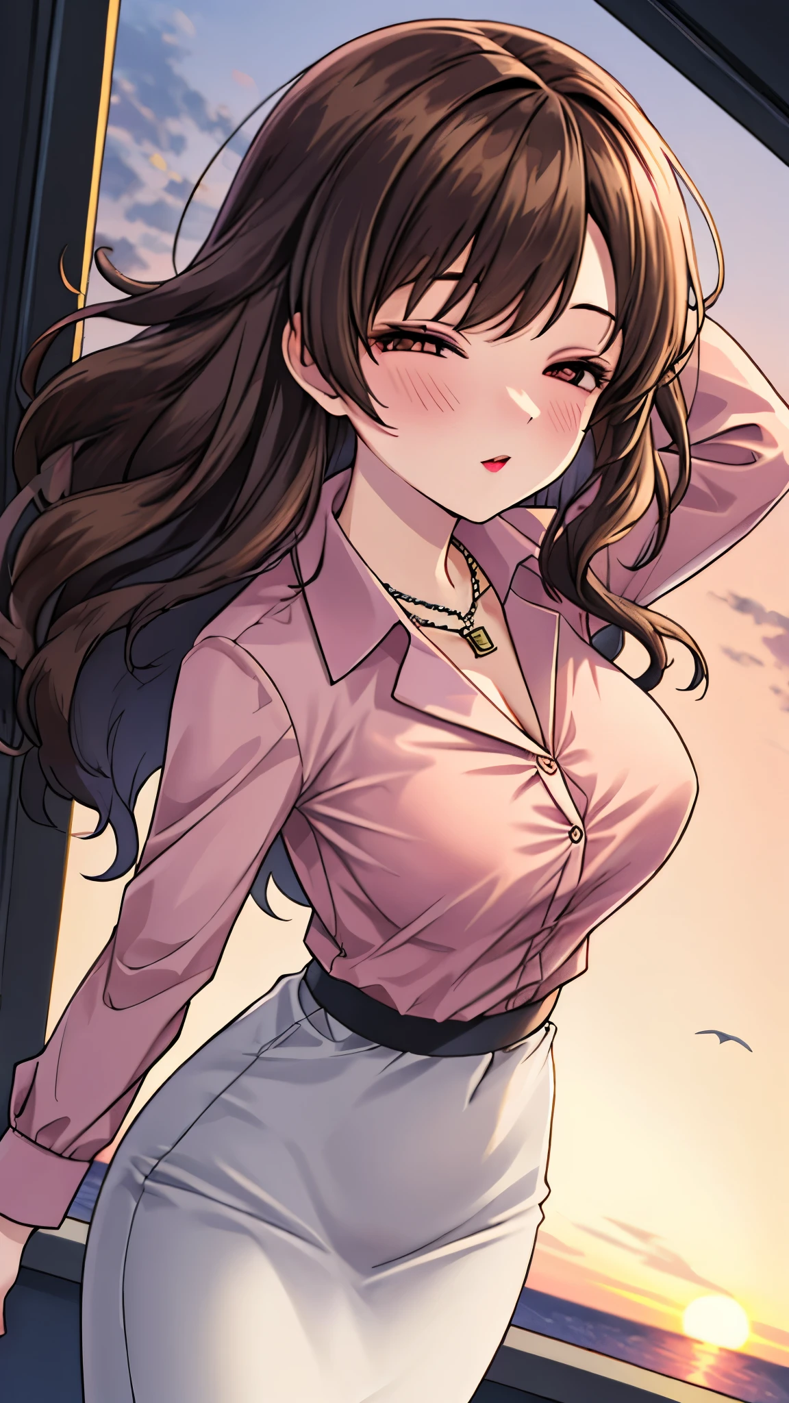 （（super high quality,））（（Ultra-high resolution,））（16K,）（super masterpiece,）（（Ultra HD ,））（Detailed shading,）Shooting from a slightly higher angle,Front view of face,A sexy mature woman,Wavy brown medium-long hair,Part your bangs neatly on the side,The wind lifts my hair,Thick and glossy lips,A pink shirt with a tight collar and the third button undone,Long sleeve,Red pencil skirt,necklace,Spread your arms wide towards the camera,Sunset rooftop,Background with sea view,