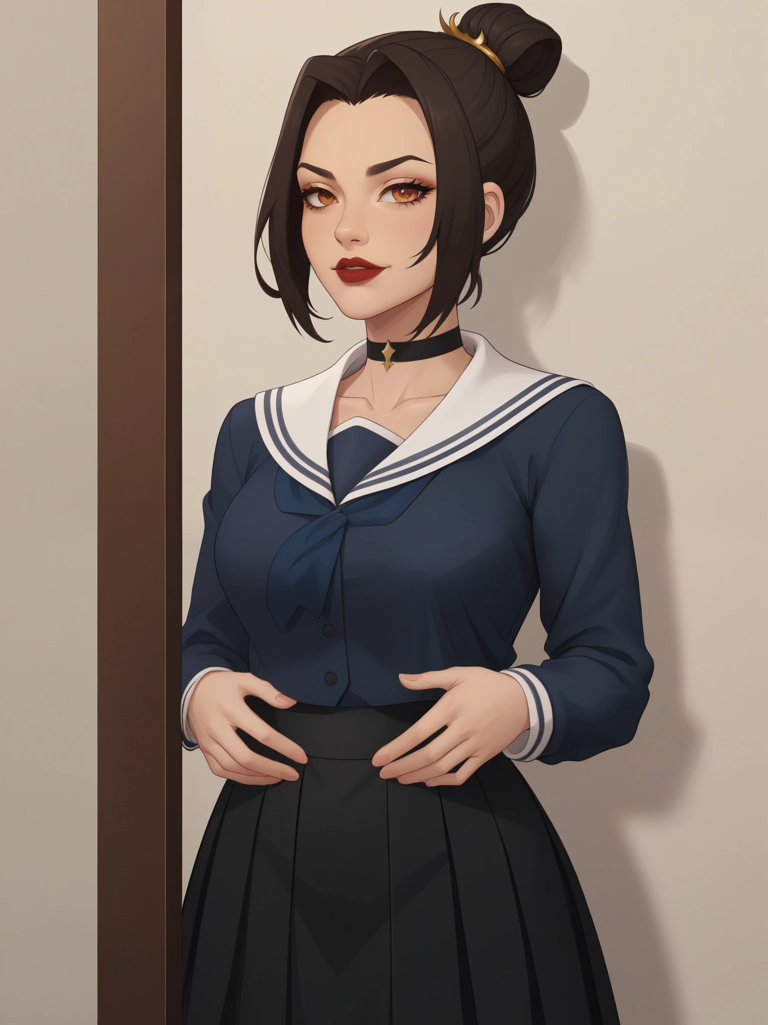 Azula. (a beautiful, young, fair-skinned, amber-eyed and slender girl of medium height. Azula's makeup consists of mascara and red lipstick. Azula also has wavy dark brown hair down to the middle of her back with two additional strands above her shoulders. choker. school uniform. skirt. cardigan. heart