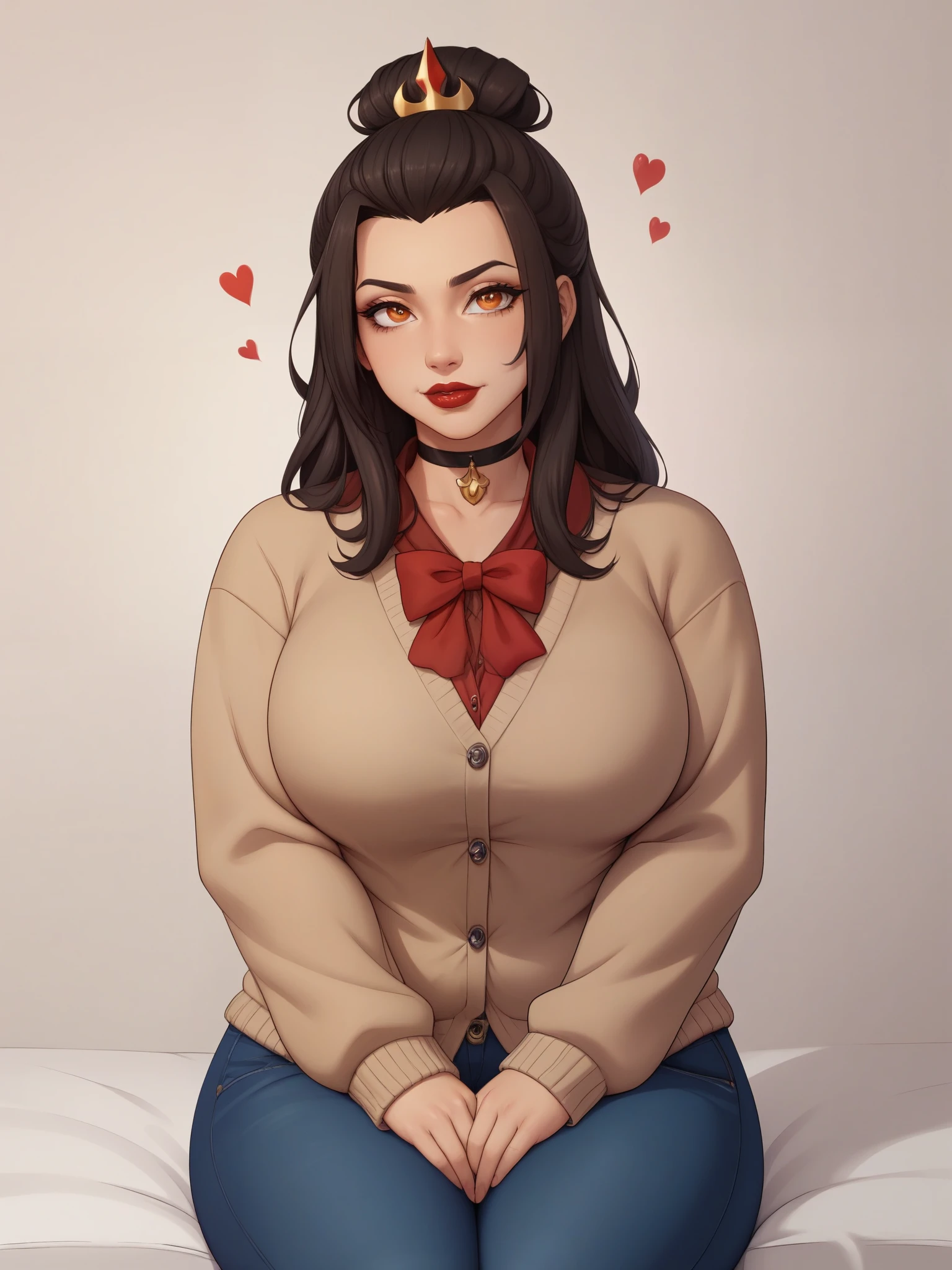 Azula. (a beautiful, young, fair-skinned, amber-eyed and slender girl of medium height. Azula's makeup consists of mascara and red lipstick. Azula also has wavy dark brown hair down to the middle of her back with two additional strands above her shoulders. choker. school uniform. jeans. cardigan. bbw. heart. sitting. school