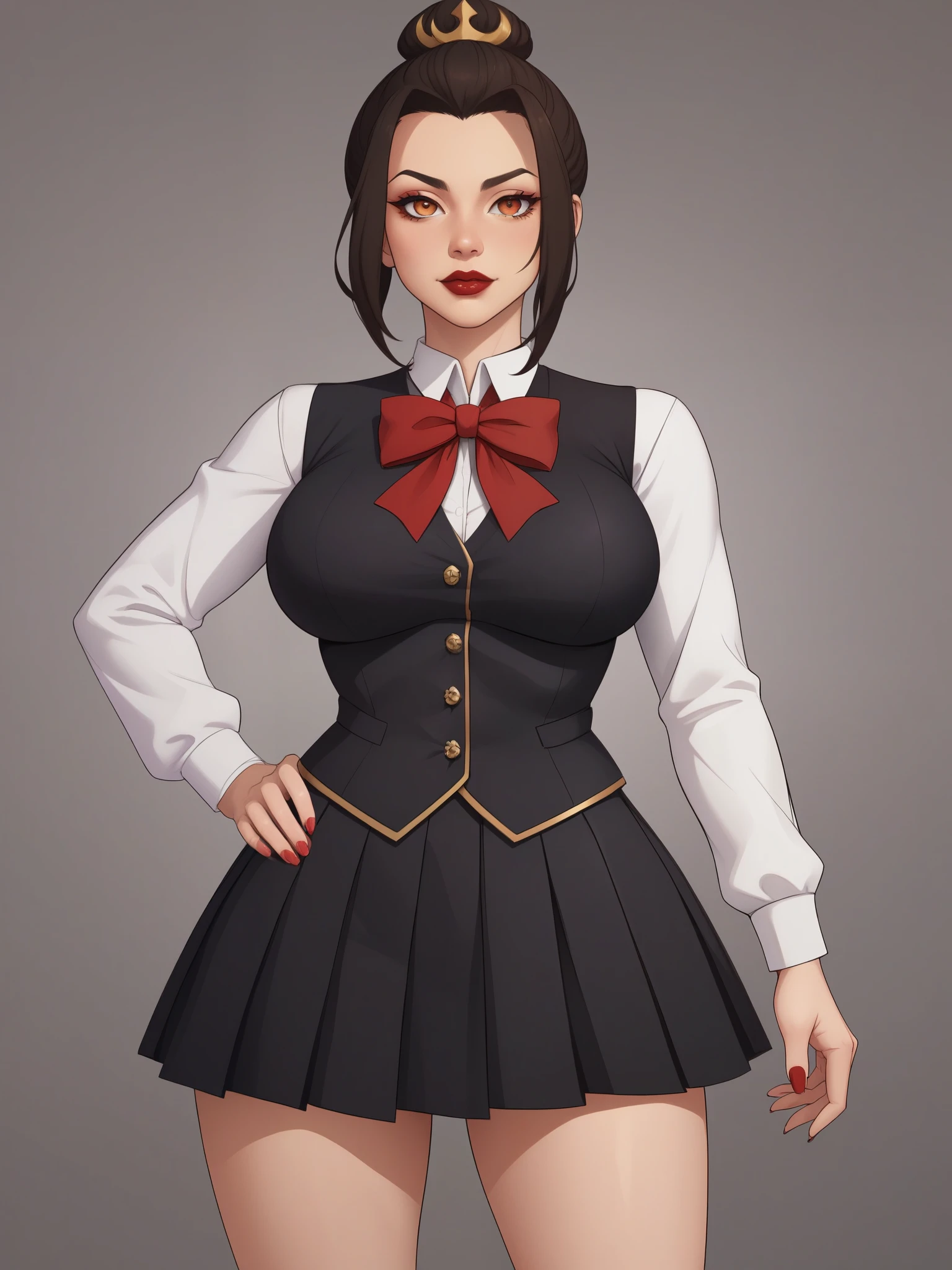 Azula. (a beautiful, young, fair-skinned, amber-eyed and slender girl of medium height. Azula's makeup consists of mascara and red lipstick. Azula also has wavy dark brown hair down to the middle of her back with two additional strands above her shoulders. choker. school uniform. skirt. cardigan. heart