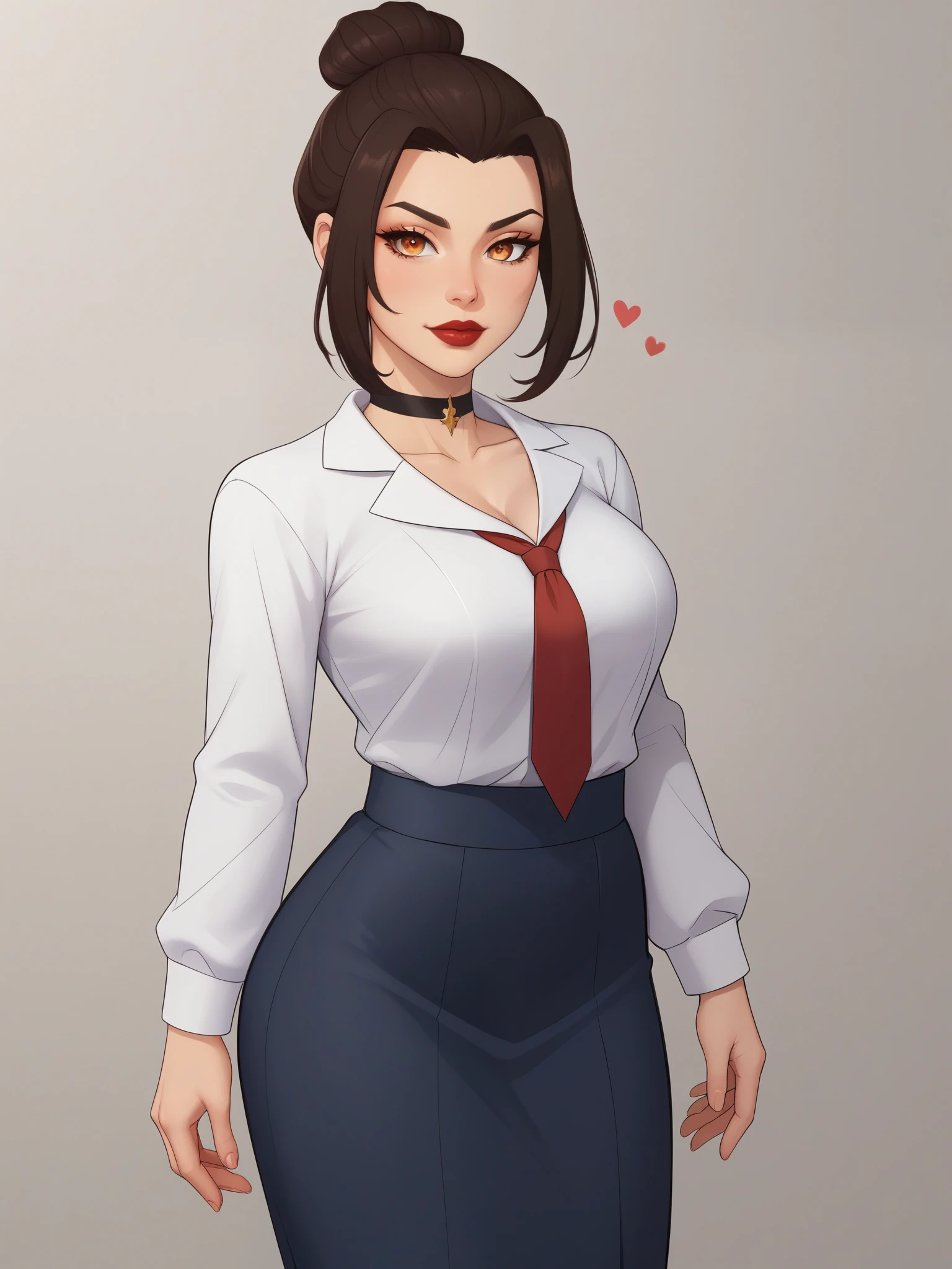 Azula. (a beautiful, young, fair-skinned, amber-eyed and slender girl of medium height. Azula's makeup consists of mascara and red lipstick. Azula also has wavy dark brown hair down to the middle of her back with two additional strands above her shoulders. choker. school uniform. skirt. cardigan. heart