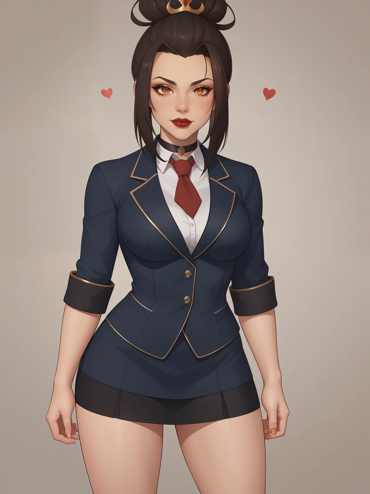 Azula. (a beautiful, young, fair-skinned, amber-eyed and slender girl of medium height. Azula's makeup consists of mascara and red lipstick. Azula also has wavy dark brown hair down to the middle of her back with two additional strands above her shoulders. choker. school uniform. skirt. cardigan. heart