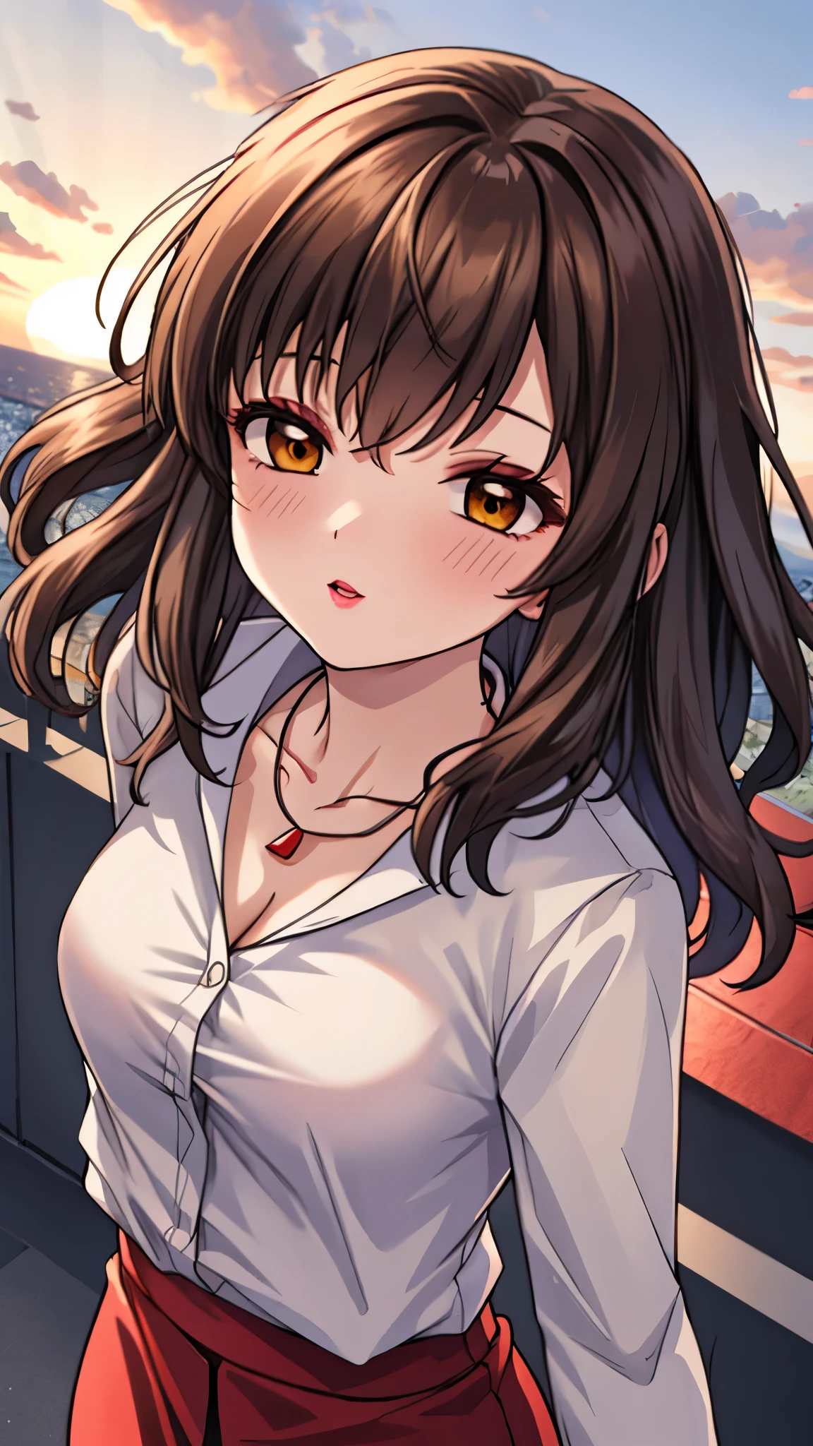 （（super high quality,））（（Ultra-high resolution,））（16K,）（super masterpiece,）（（Ultra HD ,））（Detailed shading,）Shooting from a slightly higher angle,Front view of face,A sexy mature woman,Wavy brown medium-long hair,Part your bangs neatly on the side,The wind lifts my hair,Thick and glossy lips,A pink shirt with a tight collar and the third button undone,Long sleeve,Red pencil skirt,necklace,Spread your arms wide towards the camera,Sunset rooftop,Background with sea view,