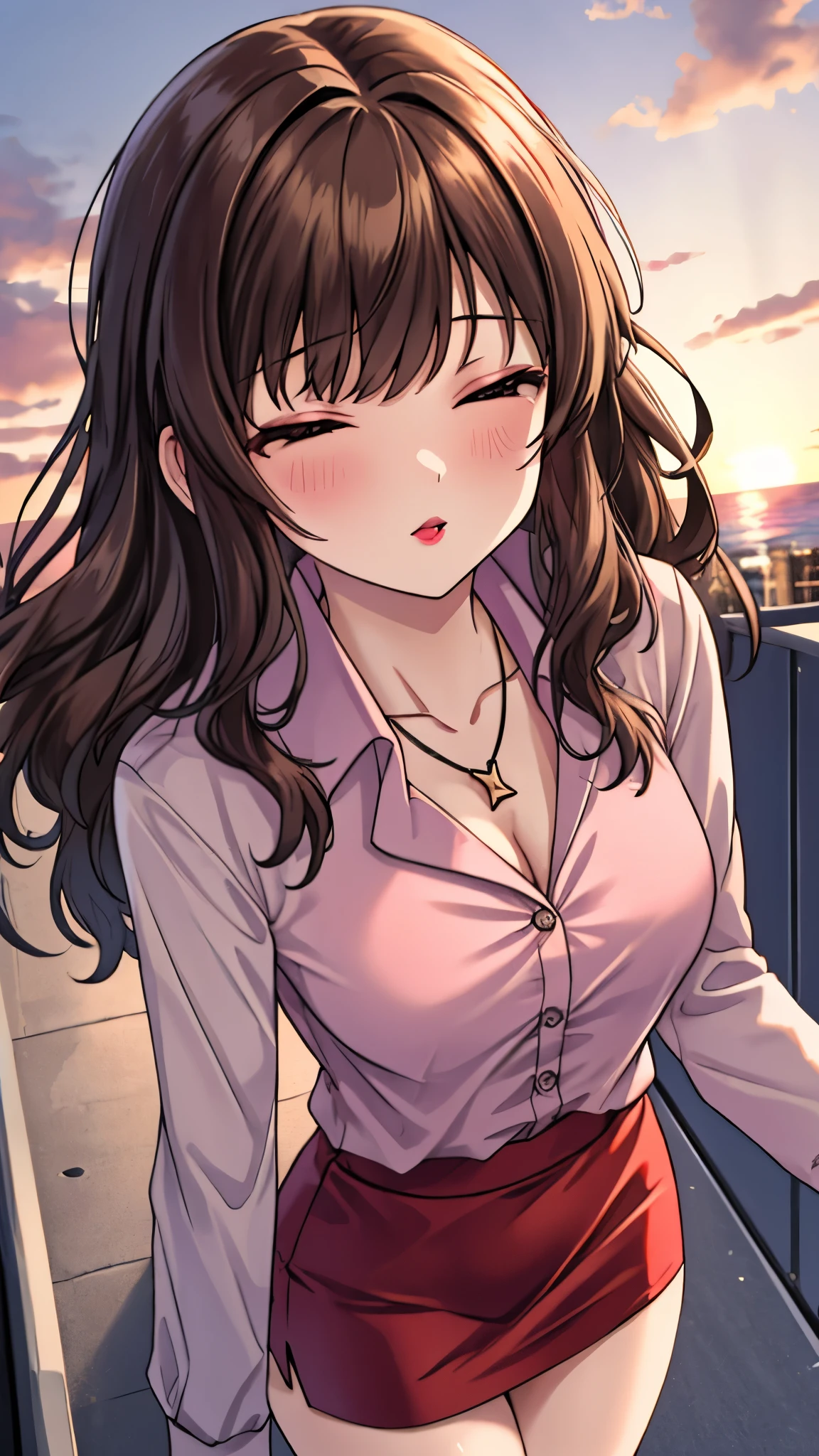 （（super high quality,））（（Ultra-high resolution,））（16K,）（super masterpiece,）（（Ultra HD ,））（Detailed shading,）Shooting from a slightly higher angle,Front view of face,A sexy mature woman,Wavy brown medium-long hair,Part your bangs neatly on the side,The wind lifts my hair,Thick and glossy lips,A pink shirt with a tight collar and the third button undone,Long sleeve,Red pencil skirt,necklace,Spread your arms wide towards the camera,Sunset rooftop,Background with sea view,