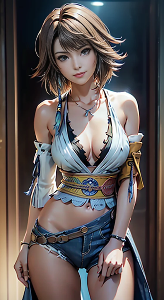 4K,masterpiece, highres, ultra detailed), 1 female, 2, yuna of final fantasy x2, more mature looking, ((simple background)), plain dark background, ((nothing in background)), hyperrealistic, yuna's final fantasy costume, Yuna's original costume design in Final Fantasy X2, (((https://www.creativeuncut.com/gallery-01/ff10-2-yuna2.html))), tattered skimpy denim shorts, asymmetrical clothing features, sash on left hip, best clothing simulation, no collar, 1female, windy night, yuna's bob hair style, busty, cleavage, middle_breast, thicc body, smile, no dangling sleeves, close-up shot, full frontal shot, zoomed in shot, head to hips image scope, closed-mouth smile, head to hips, character facing and looking at camera, looking at you, YunaFFX, blue-beaded earring, show nipples, medium breasts, show vagina, spread legs.