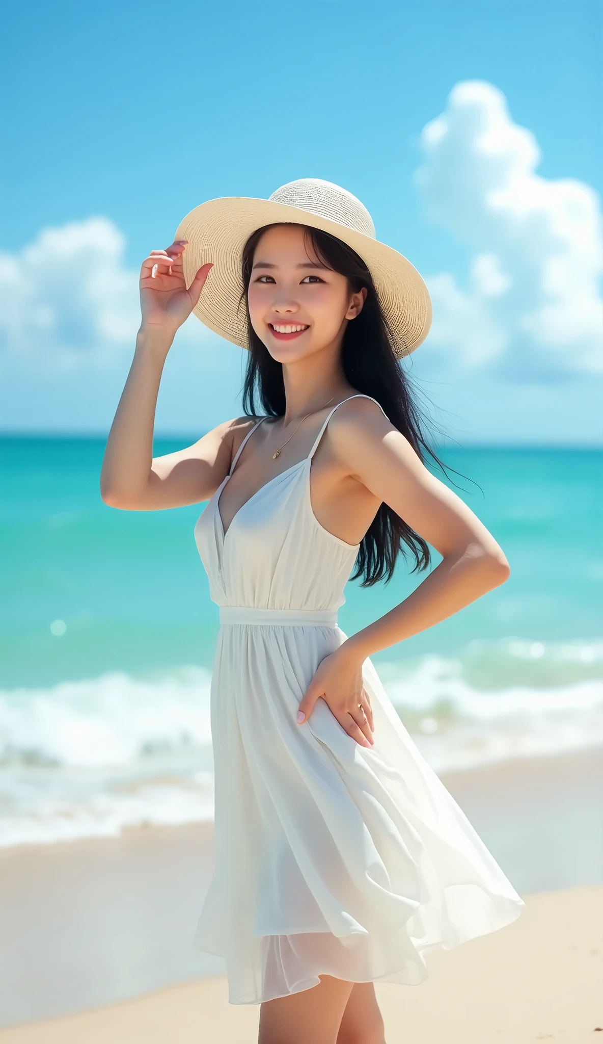 best quality, masterpiece, , ,short, huge breasts, white hair,low twintails, purple eyes, yukine chris, thin twintails,, beach, sea, white dress, white skirt, white one-piece, straw hat, she is name ahu 20 years old (brunette) ,(tall woman),(long legs),single woman, chest 80 waist 60 hip 80 , G30, tall woman (((shy))), (happy), leaning forward, summer, from above, reaching out, smiling, .RAW, Nikon Z 85mm, award-winning glamor photography, ((best quality)), ((masterpiece)), ((realistic)), (long brunette hair), hazel eyes,intricate details, highly detailed, sharp focus, professional, huge smiling,4k, stunning hazel eyes, delicate, innocent, high resolution, detailed facial features, high detail, sharp focus, soft , aesthetic, extremely detailed, photo_\(ultra\), photorealistic, realistic, post-processing, maximum detail, real life, ultra-realistic, photorealism, photography, 8k uhd, photography, russian face
