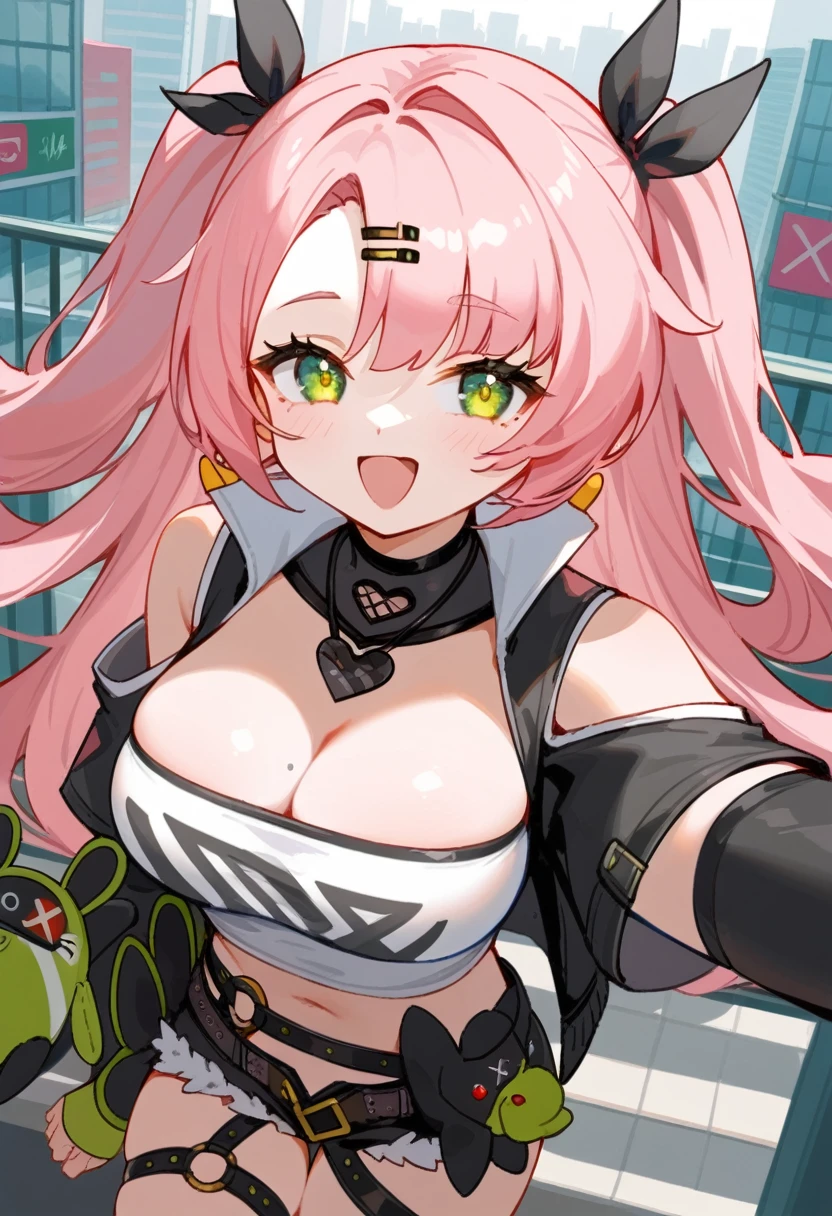 score_9, score_8_up, score_7_up, source_anime, Ncle, green eyes, pink hair, long hair, two side up, hair ribbon, hairclip, mole under eye, tube top, black jacket, heart choker, midriff, micro shorts, single thighhigh, thigh strap, shoulder cutout, long sleeves, earrings, jewelry, outdoors, city, other, V, happy, selfie, from above, cleavage, large breasts,