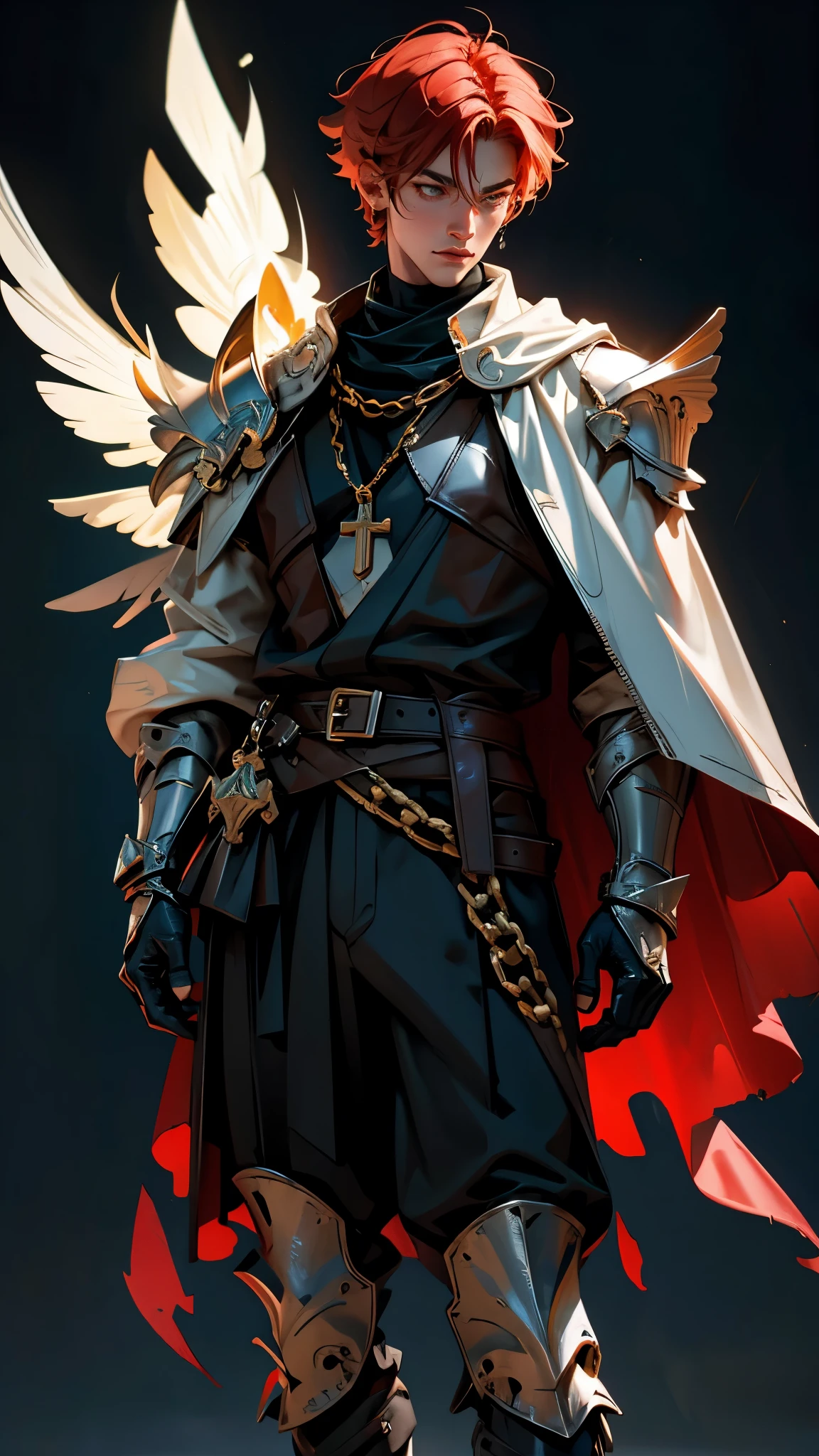 envision a 8k, highres, cinematic, detailed, semi realistic full body pinup of a sharp man, with a slender face, big eyes, a muscular body, and shaggy short red hair, multicolored hair, blonde highlights, white eyes, black gauntlets, shoulder cape, noble, knight armor, fire, star power, feather wings, large halo, sharp eyes, boots, belts, cross, chains, (((1boy))), in dark lighting, against a dark background