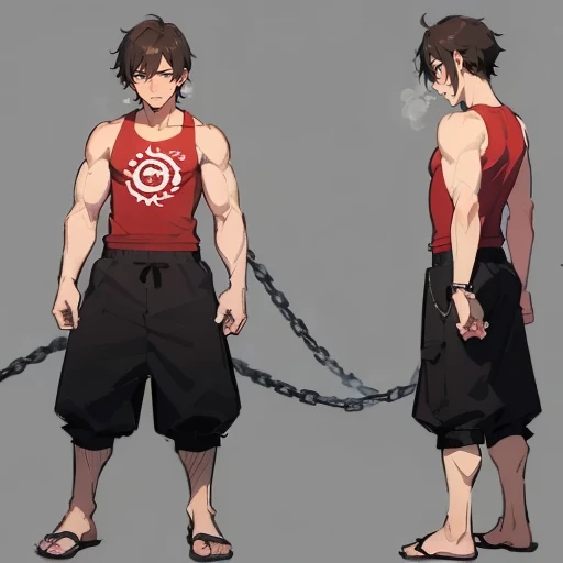 ((best quality)), ((masterpiece)), (detailed), perfect face, 1boy, solo, young, angry, clear background, red tank top, black eyes, black hair, short hair, muscled body, hair between eyes, very short hair, earrings, chain tag, entire body ((WholeBody)), character full body view, standing up, brown hair, red hair, red scars, red tattos in arm, boy, teenager, little beard, hands together, tattos around arms
