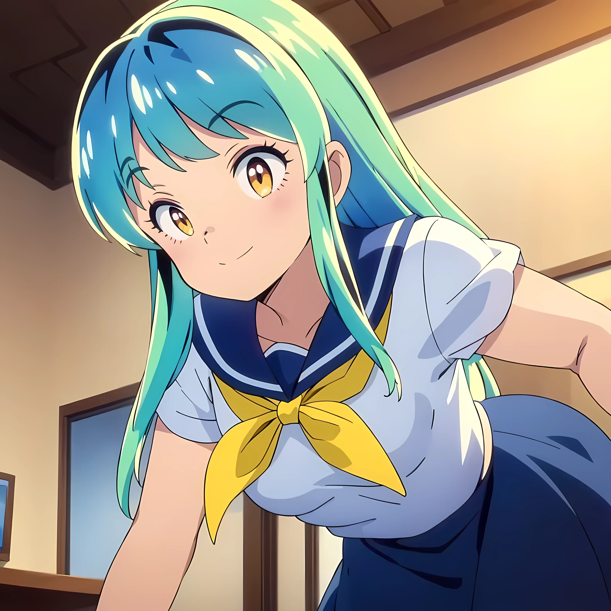 masterpiece, Highest quality, 1 Girl, Lum、 Mature、Sailor suit、Navy Skirt、On all fours、Watching the audience、smile、From below, From before, anime, blush, sexy、 High definition, Yellow neckerchief, Point, Bedroom, Greenish silver hair