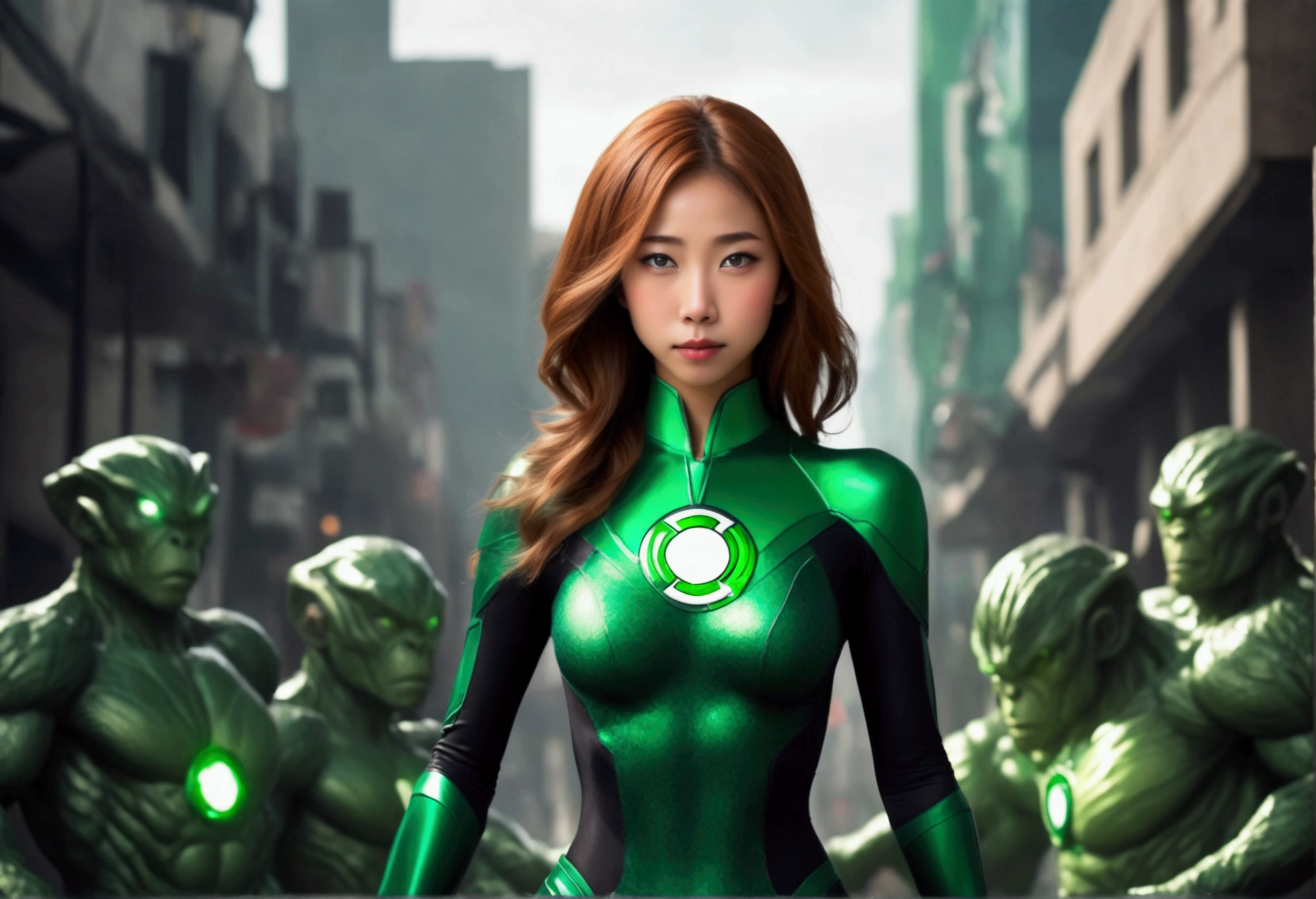 lovely cute yuna woman in role as Green Lantern (skin tight costume), defending the city from Alien Robot Ape Monsters, epic showdown
