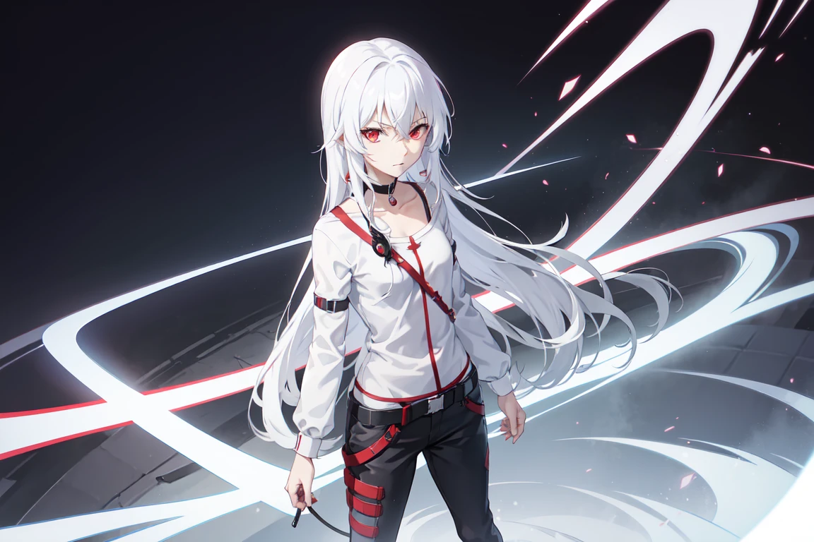 1girl, solo red eyes, accelerator (toaru majutsu no index), constricted pupils, white hair, shirt, solo, choker, striped shirt, striped, albino, earphones, pants, hair between eyes, long hair, collarbone, white shirt