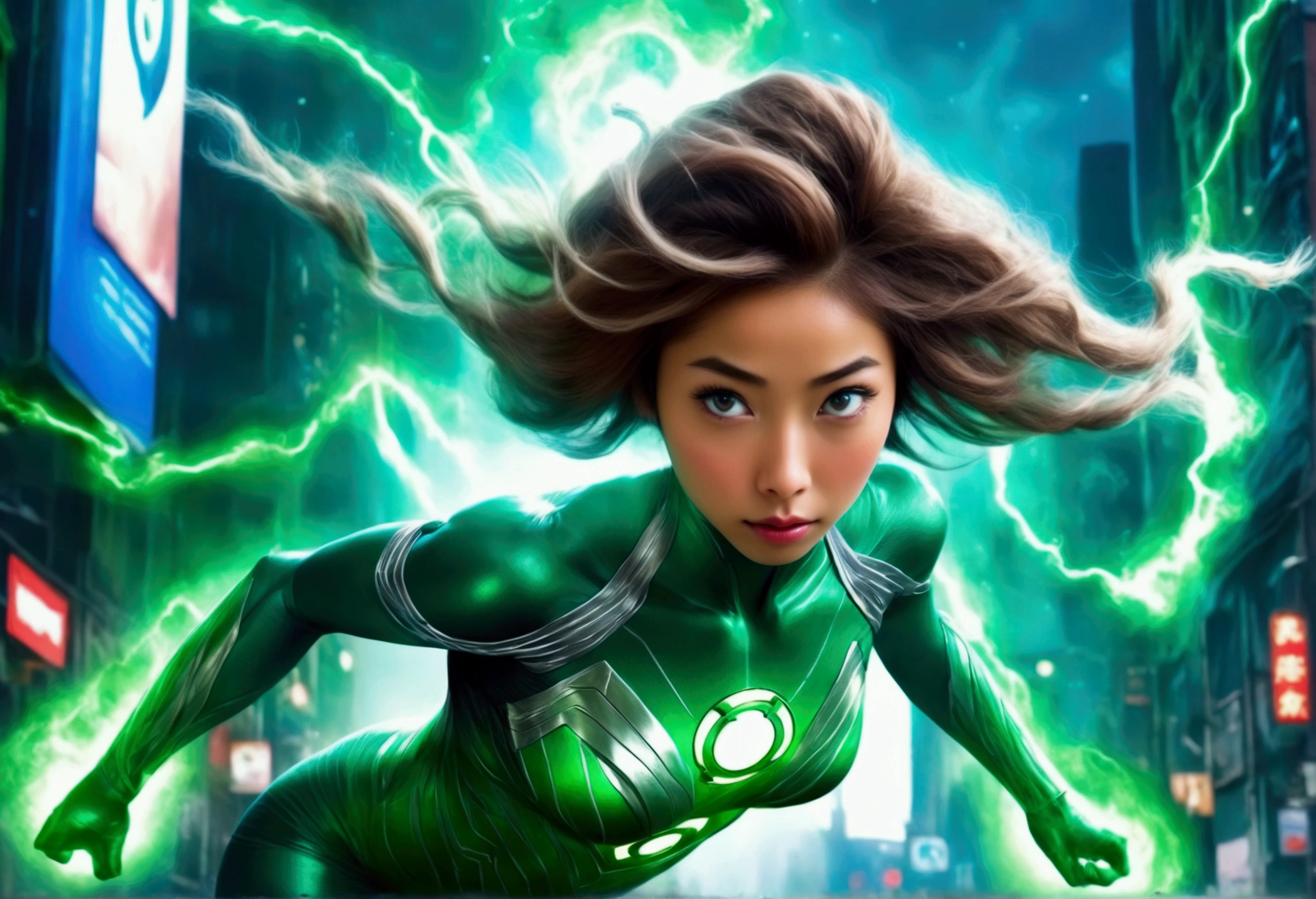 lovely cute yuna woman in role as Green Lantern (skin tight costume), defending the city from Alien Robot Ape Monsters, epic showdown
