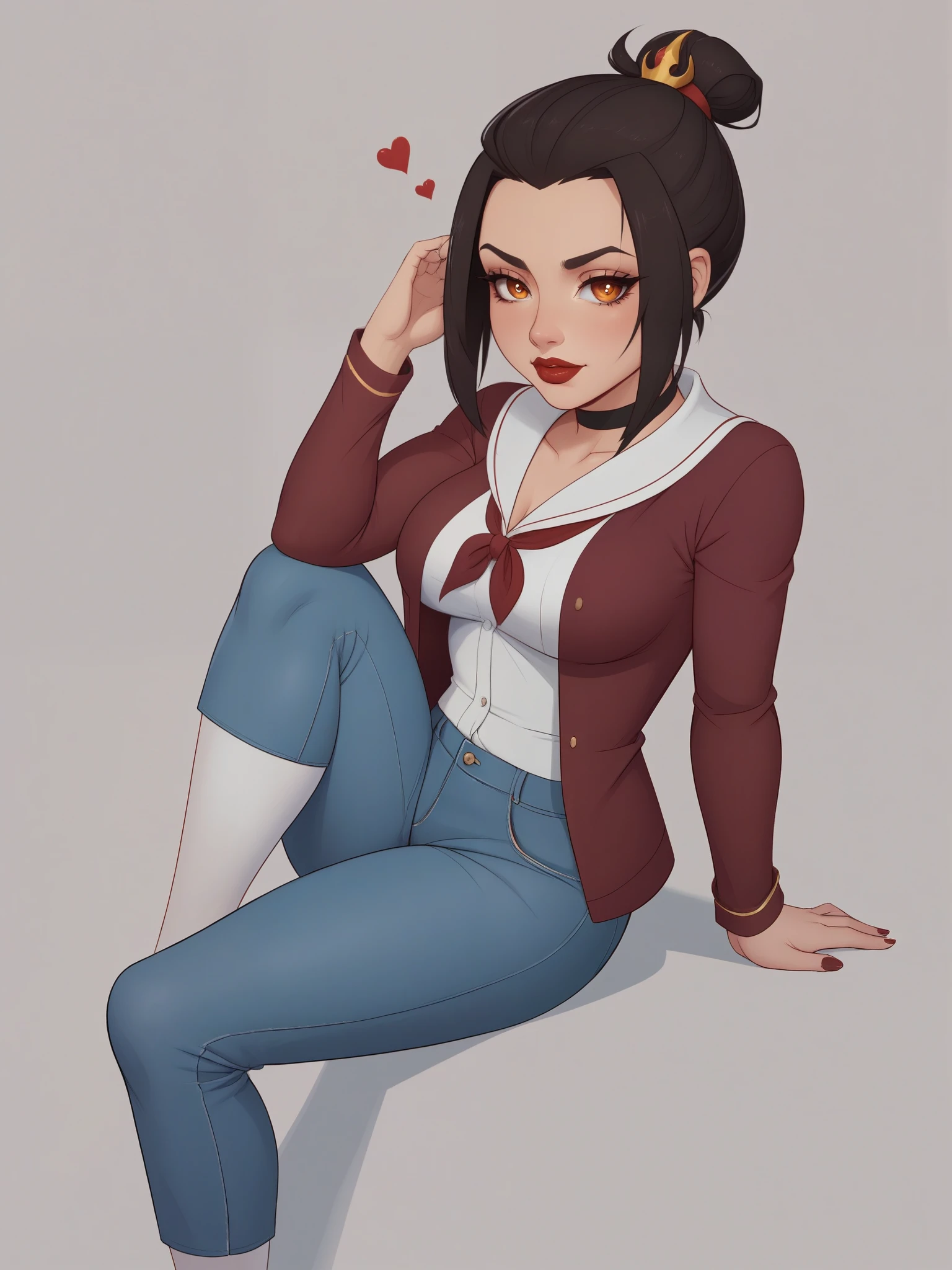 Azula. (a beautiful, young, fair-skinned, amber-eyed and slender girl of medium height. Azula's makeup consists of mascara and red lipstick. Azula also has wavy dark brown hair down to the middle of her back with two additional strands above her shoulders. choker. school uniform. jeans. cardigan. bbw. heart. sitting. school