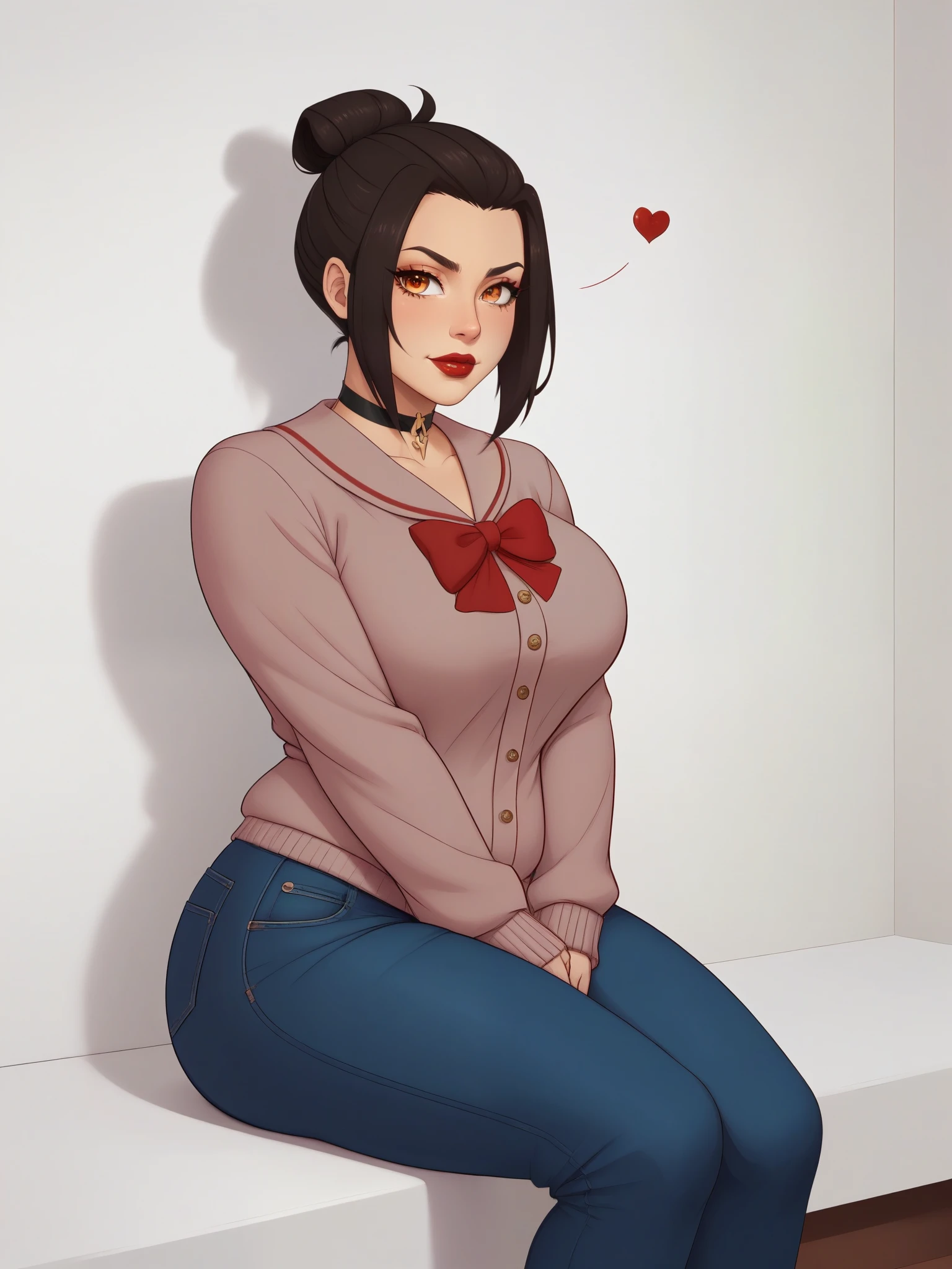 Azula. (a beautiful, young, fair-skinned, amber-eyed and slender girl of medium height. Azula's makeup consists of mascara and red lipstick. Azula also has wavy dark brown hair down to the middle of her back with two additional strands above her shoulders. choker. school uniform. jeans. cardigan. bbw. heart. sitting. school