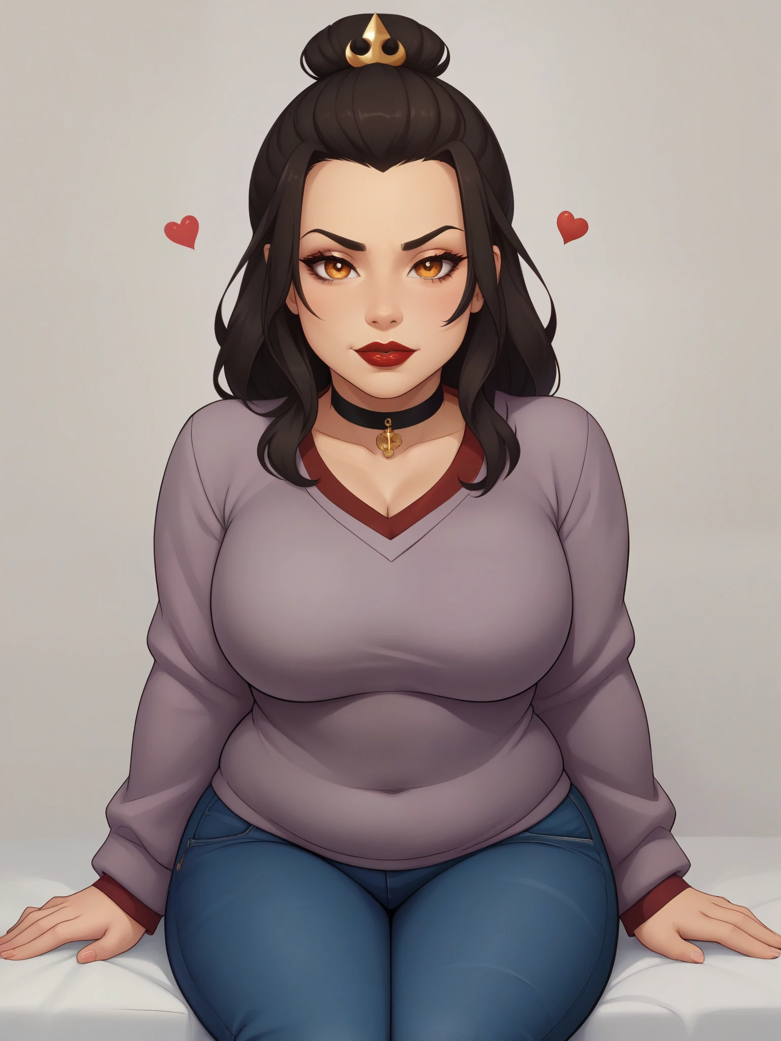 Azula. (a beautiful, young, fair-skinned, amber-eyed and slender girl of medium height. Azula's makeup consists of mascara and red lipstick. Azula also has wavy dark brown hair down to the middle of her back with two additional strands above her shoulders. choker. school uniform. jeans. cardigan. bbw. heart. sitting. school