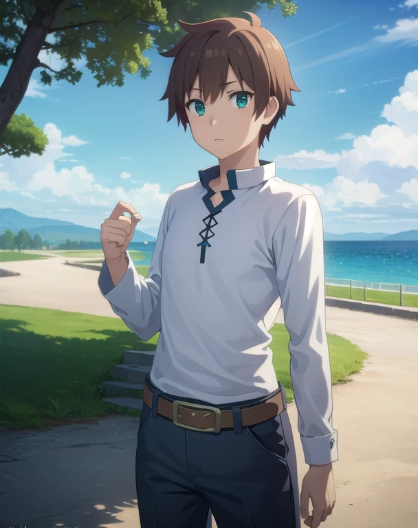 kazumasatou, Kazuma Satou, shorth hair, chestnut hair, (greeneyes:1.3), male focus,
break shirt, long sleeves, white  shirt, waist belt, pants, chapel, brown waist belt,
break outdoor, forst, naturey, Trees, small town, sky, floor, clouds,
break looking at viewer, (cowboy shot:1.5),
break (work of art:1.2), best qualityer, high resolution, unity wallpaper 8k, (illustration:0.8), (beautiful detailed eyes:1.6), extreme detailed face, perfect lighting, extremely detailed CG, (perfect hands, Perfect Anatomia),