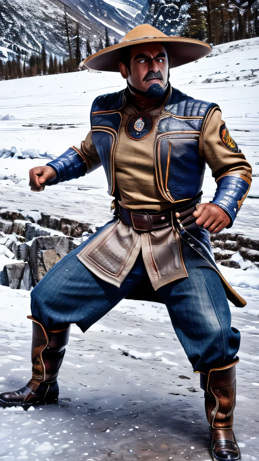 Mexican man with light brown skin, black mustache, wrinkles on his face, corpulent. Black hair with gray. Wears a brown leather jacket and blue jeans with cowboy boots. Fighting pose, defiant look. On a snowy mountain.