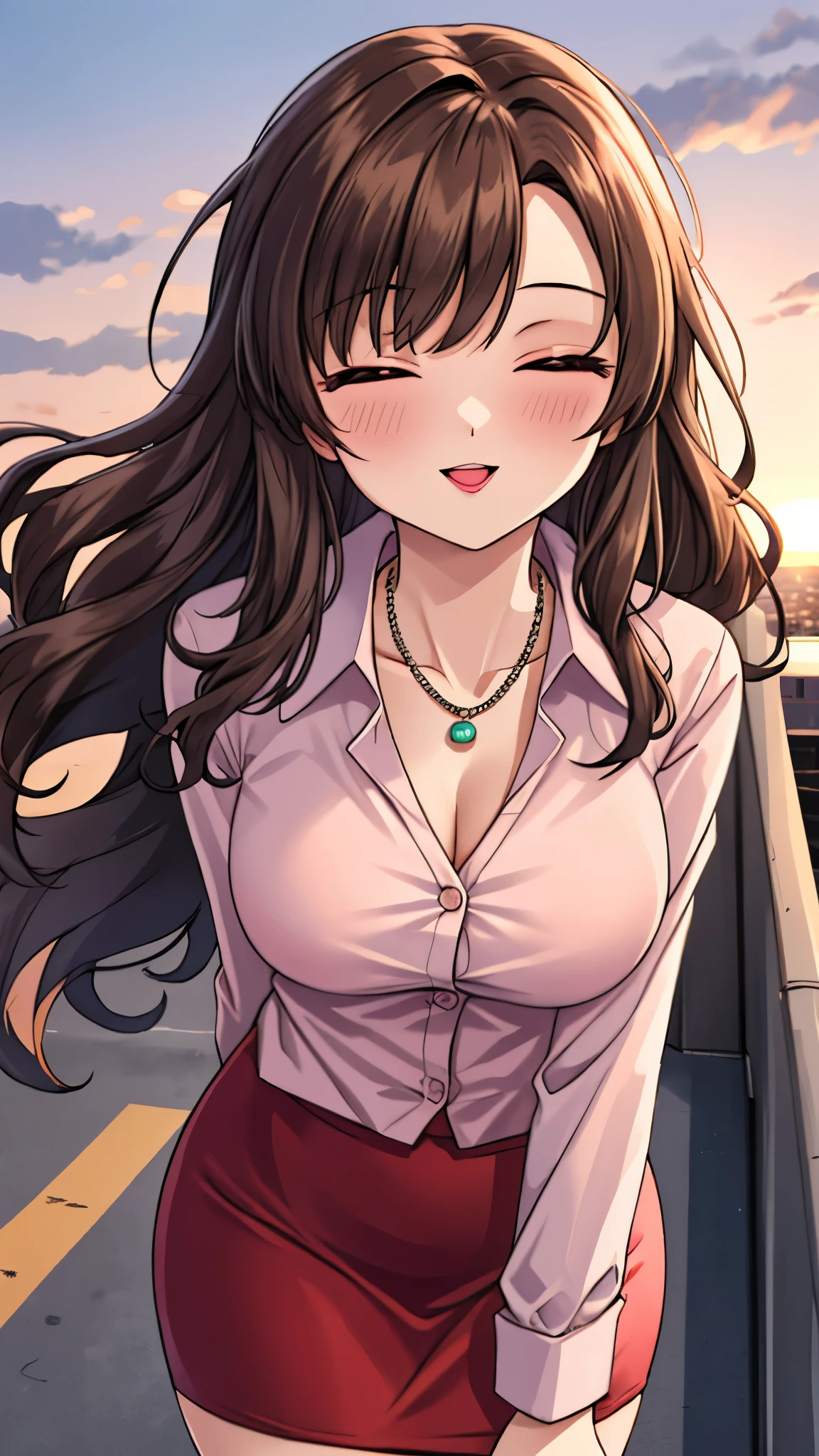 （（super high quality,））（（Ultra-high resolution,））（16K,）（super masterpiece,）（（Ultra HD ,））（Detailed shading,）Shooting from a slightly higher angle,Front view of face,A sexy mature woman,Wavy brown medium-long hair,Part your bangs neatly on the side,The wind lifts my hair,Thick and glossy lips,A pink shirt with a tight collar and the third button undone,Long sleeve,Red pencil skirt,necklace,Spread your arms wide towards the camera,Embarrassing,smile,Sunset rooftop,Background with sea view,