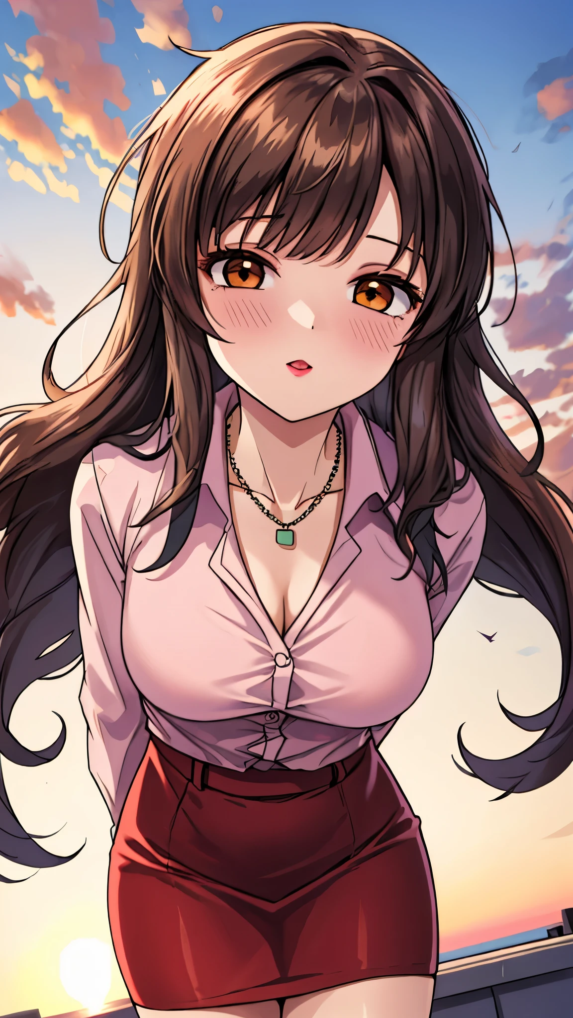 （（super high quality,））（（Ultra-high resolution,））（16K,）（super masterpiece,）（（Ultra HD ,））（Detailed shading,）Shooting from a slightly higher angle,Front view of face,A sexy mature woman,Wavy brown medium-long hair,Part your bangs neatly on the side,The wind lifts my hair,Thick and glossy lips,A pink shirt with a tight collar and the third button undone,Long sleeve,Red pencil skirt,necklace,Spread your arms wide towards the camera,Embarrassing,Sunset rooftop,Background with sea view,