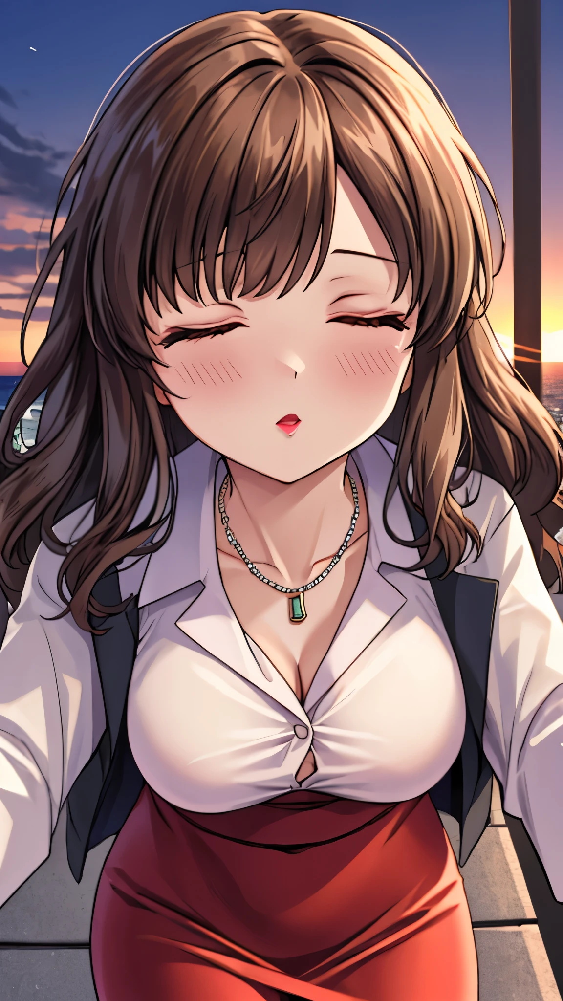 （（super high quality,））（（Ultra-high resolution,））（16K,）（super masterpiece,）（（Ultra HD ,））（Detailed shading,）Shooting from a slightly higher angle,Front view of face,A sexy mature woman,Wavy brown medium-long hair,Part your bangs neatly on the side,The wind lifts my hair,Thick and glossy lips,A pink shirt with a tight collar and the third button undone,Long sleeve,Red pencil skirt,necklace,Spread your arms wide towards the camera,Embarrassing,Sunset rooftop,Background with sea view,