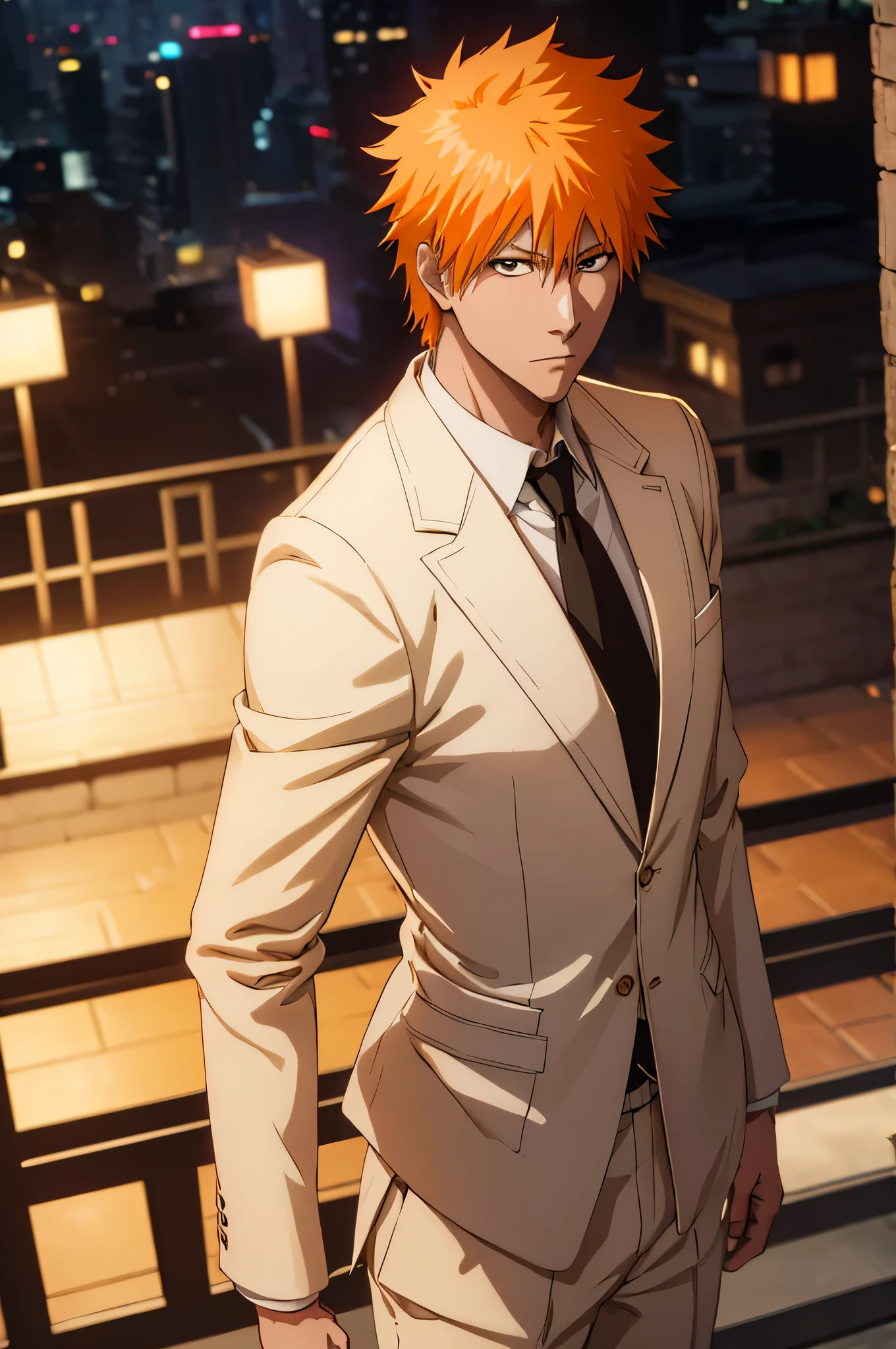 Top Half body, (masterpiece, best quality:1.2), solo, 1boy, Ichigo Kurosaki, Bleach, Orange hair, looking at viewer, official art, extremely detailed CG unity 8k wallpaper, perfect lighting, (masterpiece:1.0),(best_quality:1.0), ultra high res,4K,ultra-detailed, photography, 8K, HDR, highres, absurdres:1.2, bokeh:1.2, lens flare, (vibrant_color:1.2), white Tuxedo suit, Groom suit, full body, Gala dinner, hand in pocket