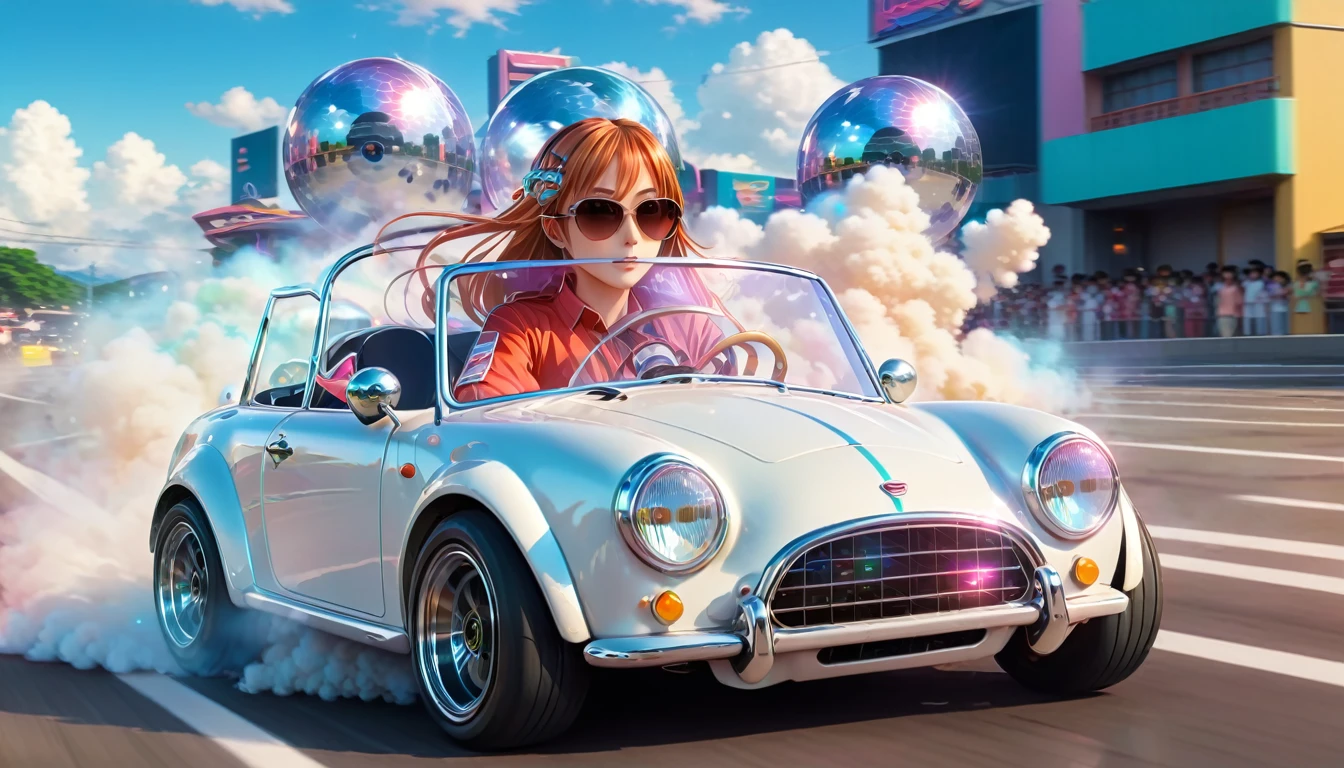 anime artwork Asuna driving a mini sh3lby car, speed, fast, psychedelic smoke,lost vegas, sunglass,, white, cinematic light, disco ball, ,, . anime style, key visual, vibrant, studio anime,  highly detailed