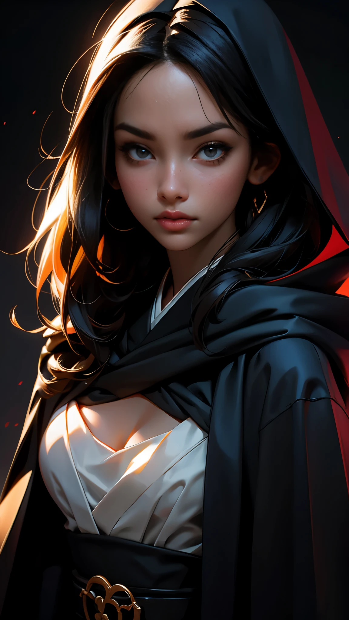 envision a 8k, highres, cinematic, beautiful extreme close up face Pinup of a japanese woman with a skinny muscular body, small breasts, ((strong face)), strong jaw, skinny face, strong mature older face, (((long thin straight black hair))), side locks, long bangs, black eyes, Melina, robes, hooded cape, shade over face,  ((((1girl)))), in dark lighting, against a dark gray background