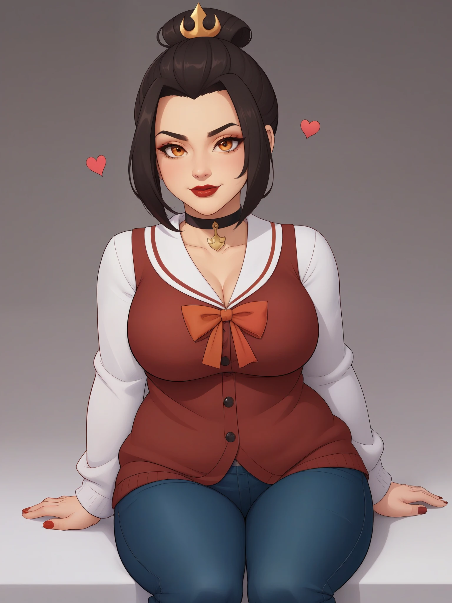 Azula. (a beautiful, young, fair-skinned, amber-eyed and slender girl of medium height. Azula's makeup consists of mascara and red lipstick. Azula also has wavy dark brown hair down to the middle of her back with two additional strands above her shoulders. choker. school uniform. jeans. cardigan. bbw. heart. sitting. school