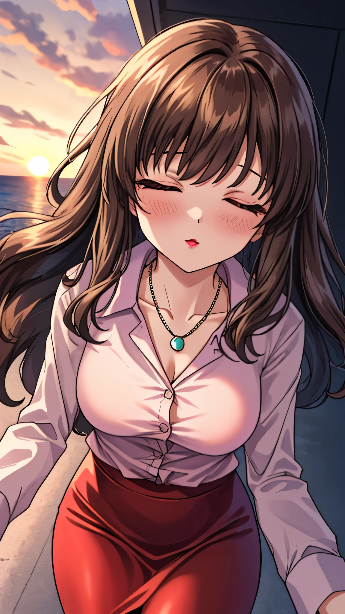 （（super high quality,））（（Ultra-high resolution,））（16K,）（super masterpiece,）（（Ultra HD ,））（Detailed shading,）Shooting from a slightly higher angle,Front view of face,A sexy mature woman,Wavy brown medium-long hair,Part your bangs neatly on the side,The wind lifts my hair,Thick and glossy lips,A pink shirt with a tight collar and the third button undone,Long sleeve,Red pencil skirt,necklace,Spread your arms wide towards the camera,Embarrassing,White Breath,Sunset rooftop,Background with sea view,