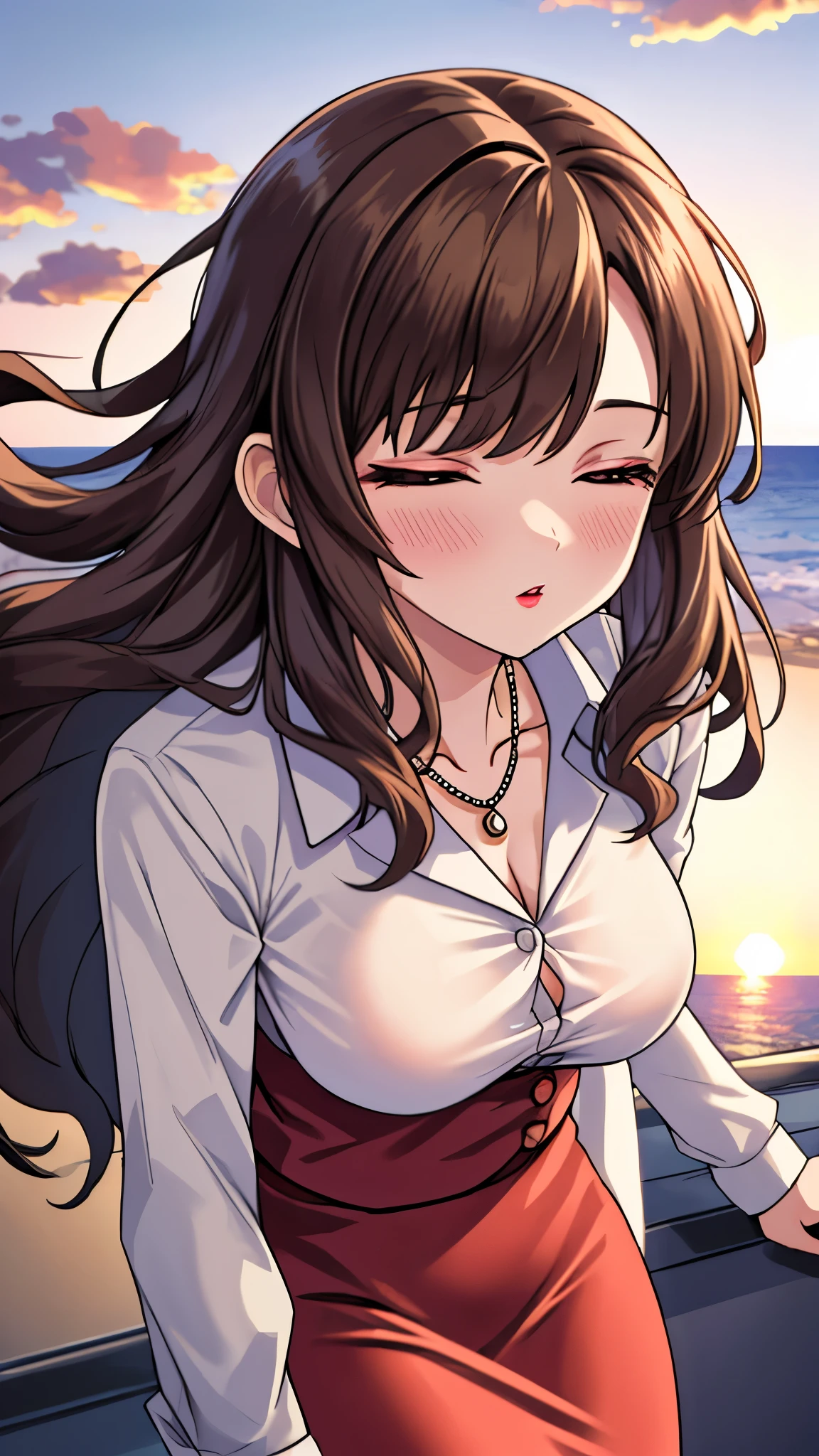 （（super high quality,））（（Ultra-high resolution,））（16K,）（super masterpiece,）（（Ultra HD ,））（Detailed shading,）Shooting from a slightly higher angle,Front view of face,A sexy mature woman,Wavy brown medium-long hair,Part your bangs neatly on the side,The wind lifts my hair,Thick and glossy lips,A pink shirt with a tight collar and the third button undone,Long sleeve,Red pencil skirt,necklace,Spread your arms wide towards the camera,Embarrassing,White Breath,Sunset rooftop,Background with sea view,