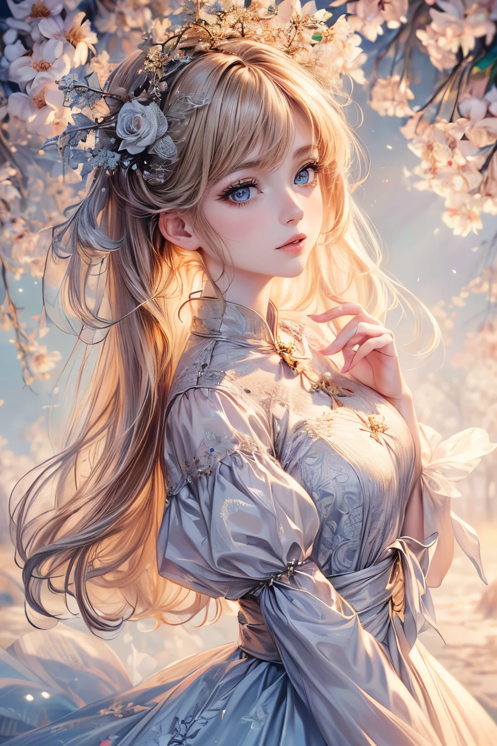 ((masterpiece:1.4, best quality))+, (ultra detailed)+,1girl, (:1.4),silver hair, twintails,very long hair, blue eyes, flat chest, (Geometric Seasons, seasonal patterns, (spring blossoms:1.2), (Milky Way:1.05), (autumn leaves:0.95),(beautiful snowflakes:1.2), geometric landscapes, natural cycles, weather-inspired designs, color palettes:1.5), (rainbow, firework, beautiful butterfly:1.3), (beige:1.4), f/16