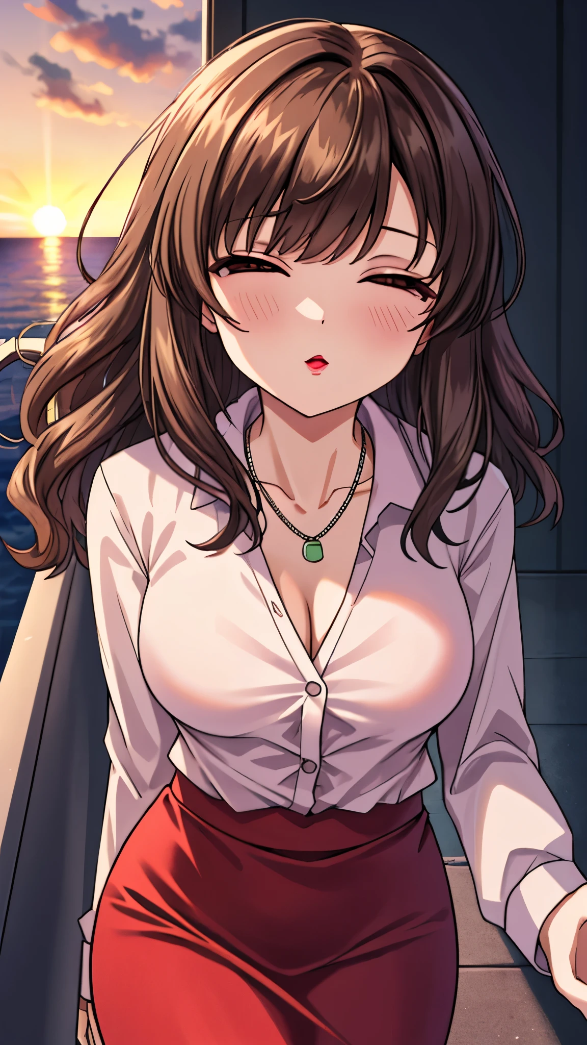 （（super high quality,））（（Ultra-high resolution,））（16K,）（super masterpiece,）（（Ultra HD ,））（Detailed shading,）Shooting from a slightly higher angle,Front view of face,A sexy mature woman,Wavy brown medium-long hair,Part your bangs neatly on the side,The wind lifts my hair,Thick and glossy lips,A pink shirt with a tight collar and the third button undone,Long sleeve,Red pencil skirt,necklace,Spread your arms wide towards the camera,Embarrassing,White Breath,Sunset rooftop,Background with sea view,