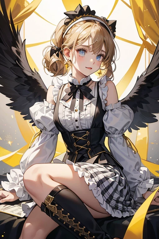 1 girl, cowboy shot, solo, perfect anatomy, standing, spread arms, mami tomoe, masterpiece, best quality, highres, big breast, motherly kind smile, half-opened eyes, happy, (skirt lift, self lift, white panties:1.2), sacred, glitter, sparkle, god ray, tyndall effect, scenery, pov