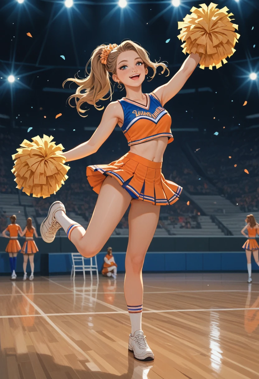 (masterpiece, best quality:1.2), 1girl, full body,from behind,cheerleaders,(pom-pom in both hands:1.3),standing one leg,(raise one leg:1.2),cheer dance