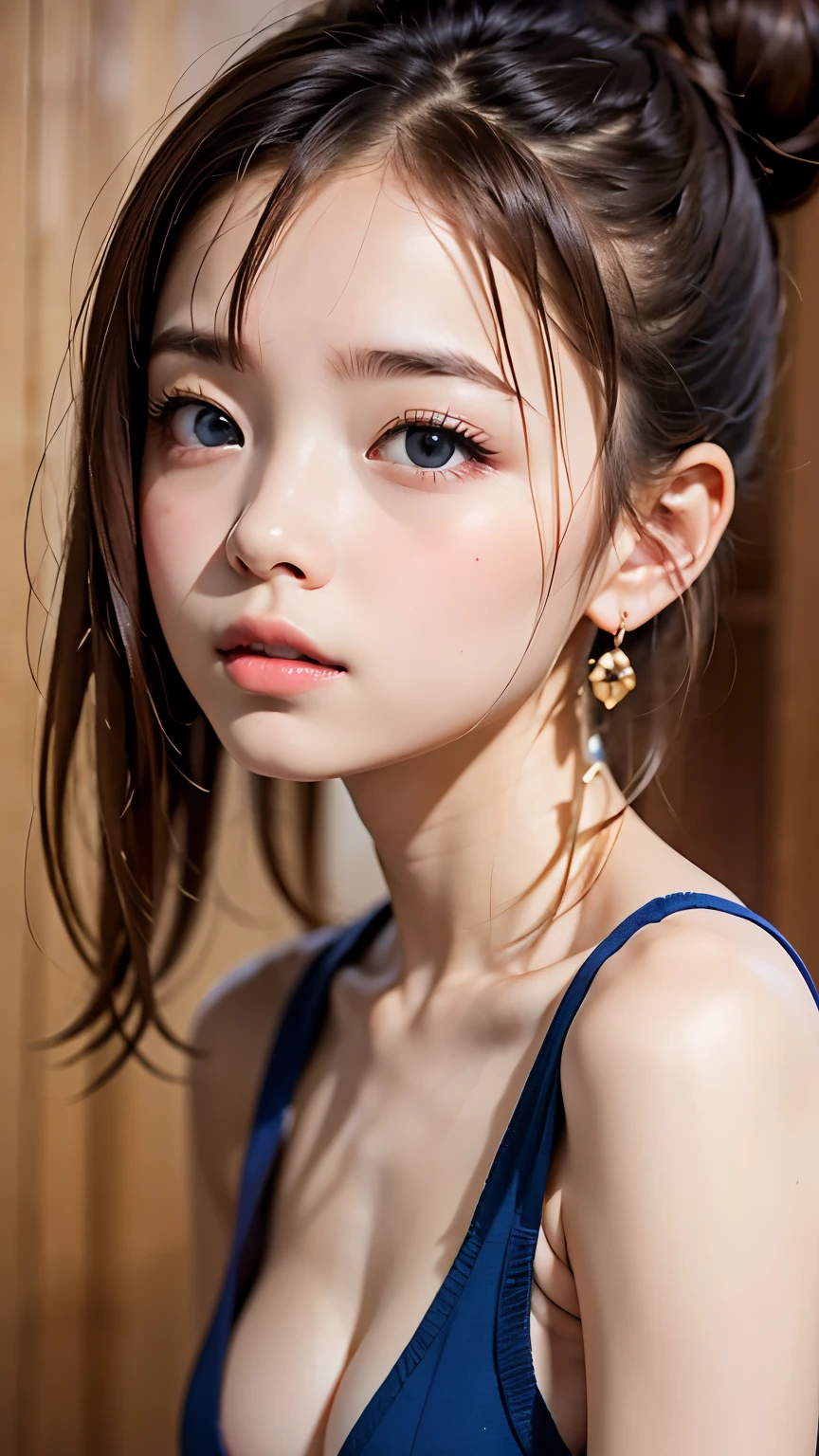 cute, (Brown Hair), ((very bun hair)), Perfect Face, An innocent smile, Upper Body,(blue eyes), (Yan), (small), (thin), ((Flat Chest)), ((Only )), Skin dentition, Very detailed, Attractive oval face, Red lips, pink, Glowing Skin, Thin Hair, Face Focus, Chest close-up, Gorgeous hair ornament, Gold earrings, ((1 person)), Embarrassed expression,