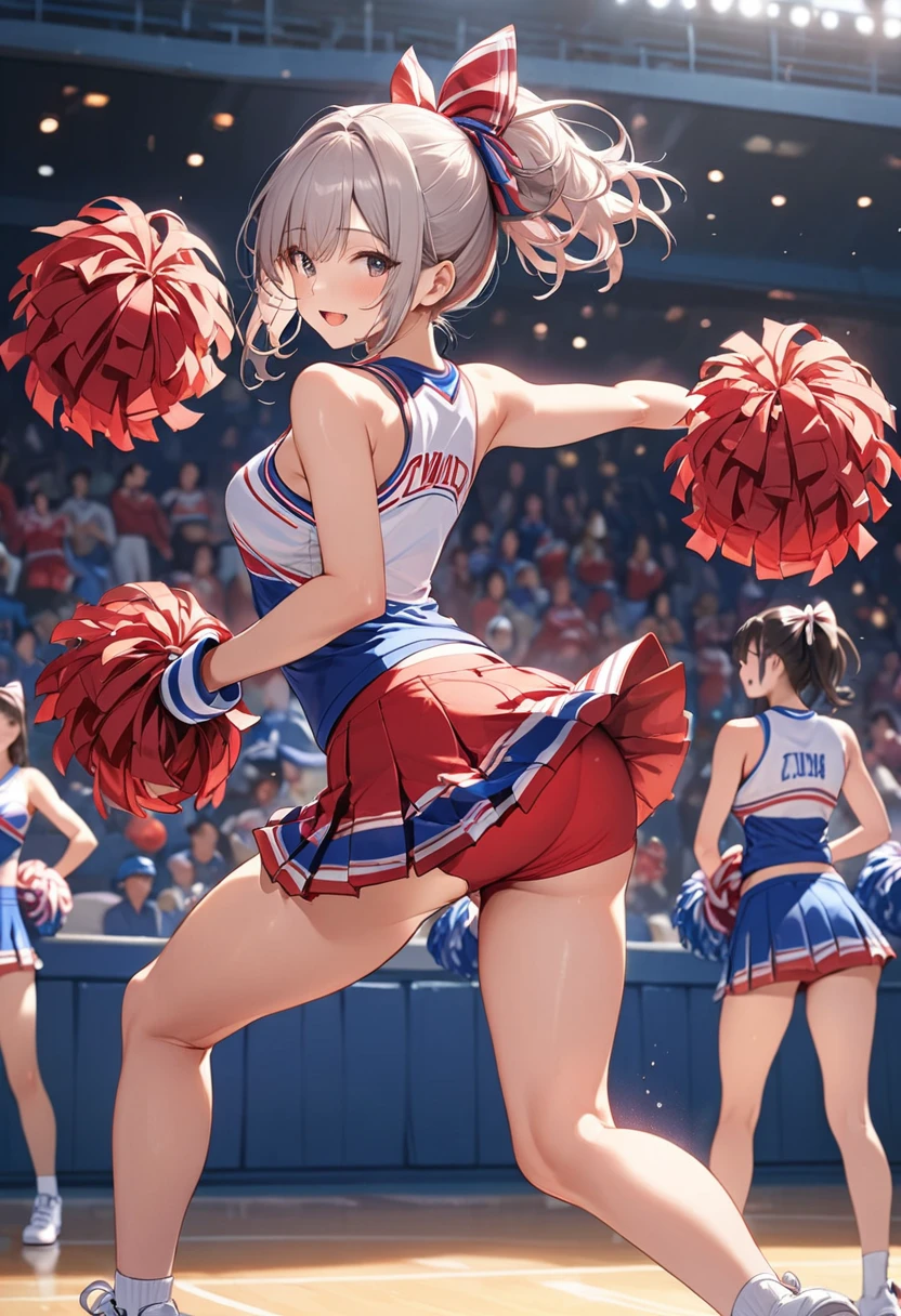 (masterpiece, best quality:1.2), 1girl, full body,from behind,cheerleaders,(pom-pom in both hands:1.3),standing one leg,(raise one leg:1.2),cheer dance