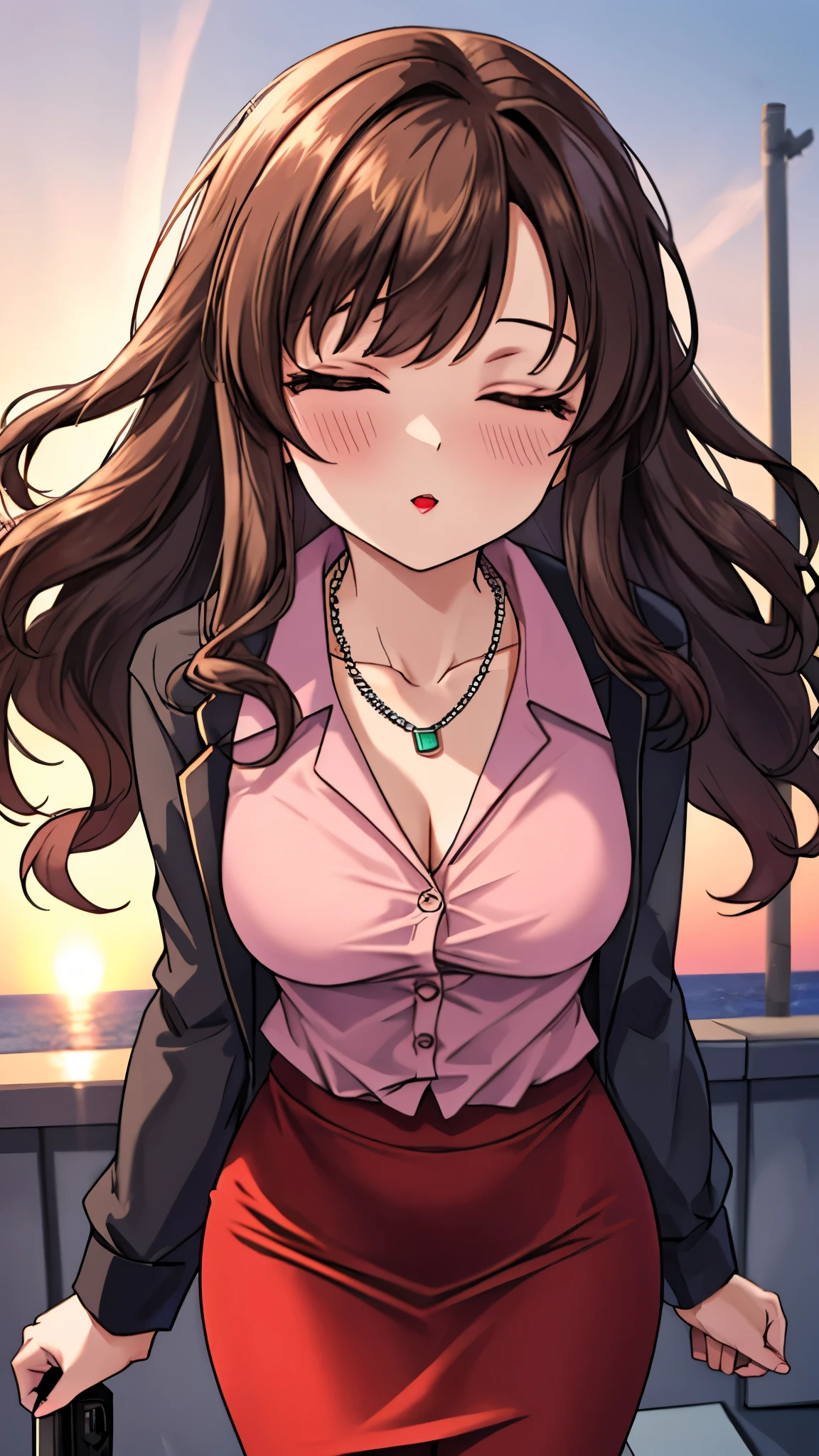 （（super high quality,））（（Ultra-high resolution,））（16K,）（super masterpiece,）（（Ultra HD ,））（Detailed shading,）Shooting from a slightly higher angle,Front view of face,A sexy mature woman,Wavy brown medium-long hair,Part your bangs neatly on the side,The wind lifts my hair,Thick and glossy lips,A pink shirt with a tight collar and the third button undone,Long sleeve,Red pencil skirt,necklace,Spread your arms wide towards the camera,Embarrassing,Sunset rooftop,Background with sea view,