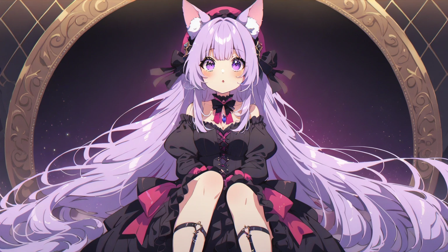 a y milth a blindfo, has very long purple hair, wearing fur lined sheer robe, breasts, shoeavage, has fox eaxing on a throne, surrounded by candles and soft multi colored fuzzy plushies