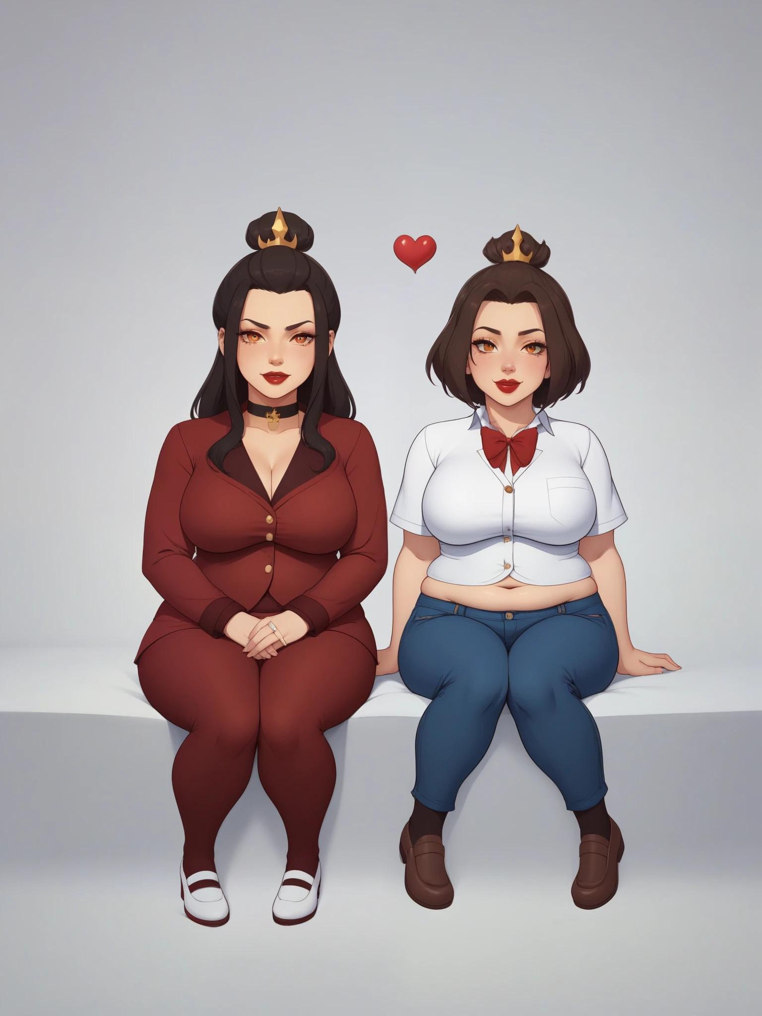 Azula. (a beautiful, young, fair-skinned, amber-eyed and slender girl of medium height. Azula's makeup consists of mascara and red lipstick. Azula also has wavy dark brown hair down to the middle of her back with two additional strands above her shoulders. choker. school uniform. jeans. cardigan. bbw. heart. sitting. school