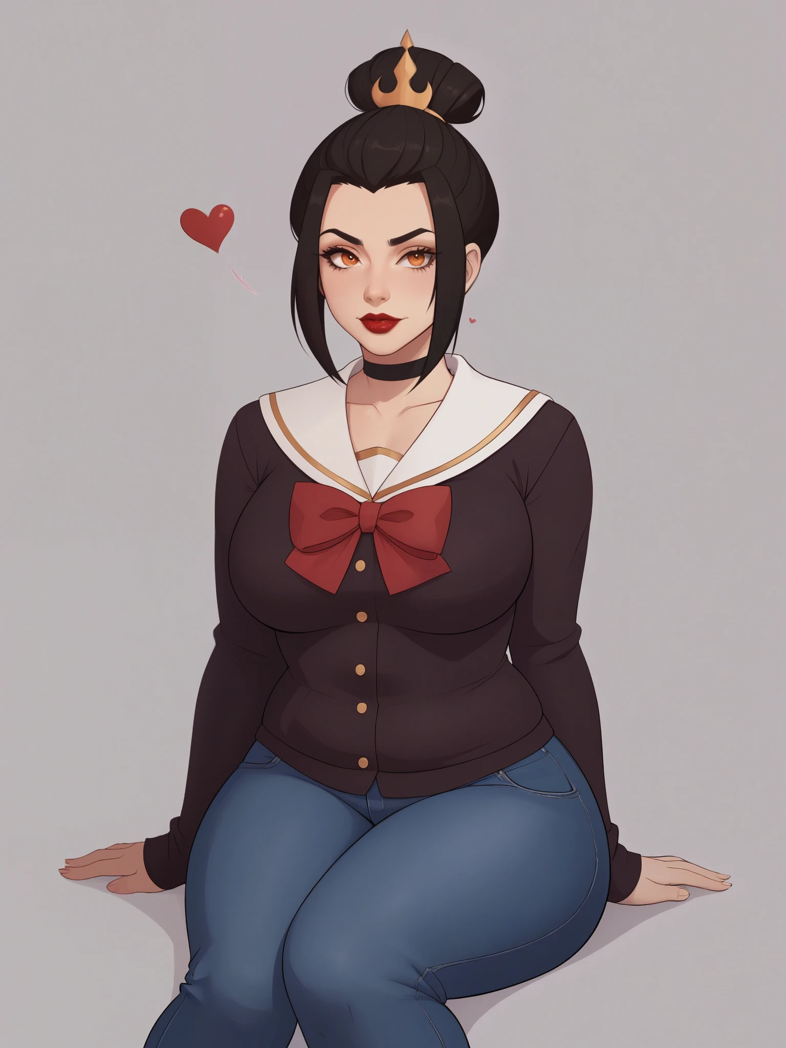 Azula. (a beautiful, young, fair-skinned, amber-eyed and slender girl of medium height. Azula's makeup consists of mascara and red lipstick. Azula also has wavy dark brown hair down to the middle of her back with two additional strands above her shoulders. choker. school uniform. jeans. cardigan. bbw. heart. sitting. school