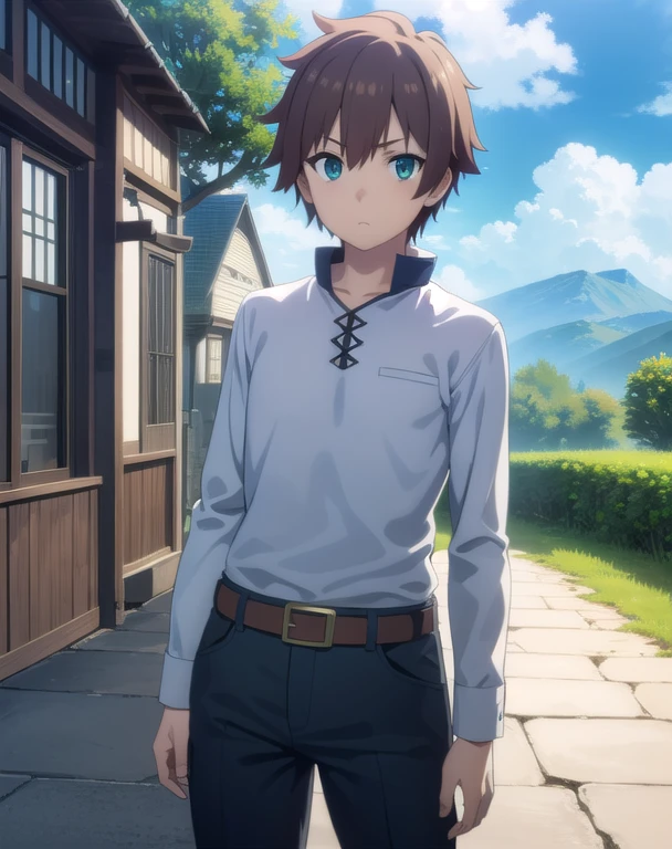 kazumasatou, Kazuma Satou, shorth hair, chestnut hair, (greeneyes:1.3), male focus,
break shirt, long sleeves, white  shirt, waist belt, pants, chapel, brown waist belt,
break outdoor, forst, naturey, Trees, small town, sky, floor, clouds,
break looking at viewer, (cowboy shot:1.5),
break (work of art:1.2), best qualityer, high resolution, unity wallpaper 8k, (illustration:0.8), (beautiful detailed eyes:1.6), extreme detailed face, perfect lighting, extremely detailed CG, (perfect hands, Perfect Anatomia),