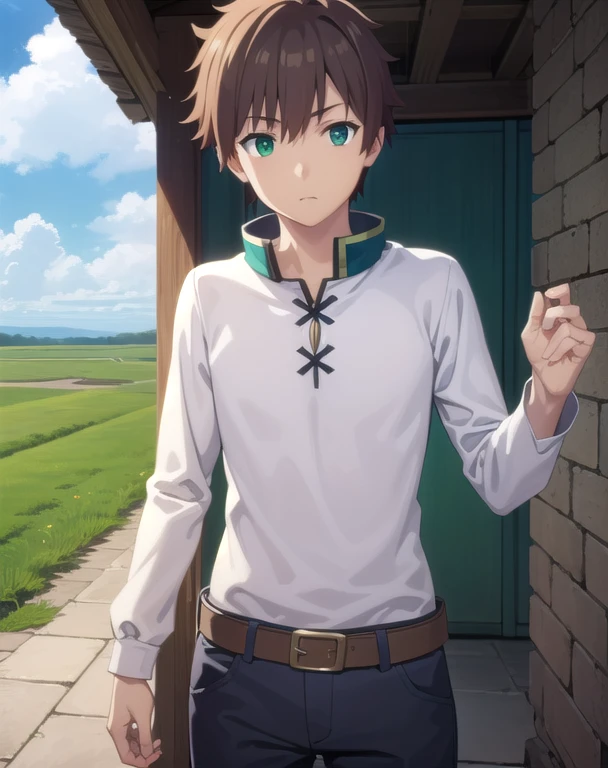 kazumasatou, Kazuma Satou, shorth hair, chestnut hair, (greeneyes:1.3), male focus,
break shirt, long sleeves, white  shirt, waist belt, pants, chapel, brown waist belt,
break outdoor, forst, naturey, Trees, small town, sky, floor, clouds,
break looking at viewer, (cowboy shot:1.5),
break (work of art:1.2), best qualityer, high resolution, unity wallpaper 8k, (illustration:0.8), (beautiful detailed eyes:1.6), extreme detailed face, perfect lighting, extremely detailed CG, (perfect hands, Perfect Anatomia),