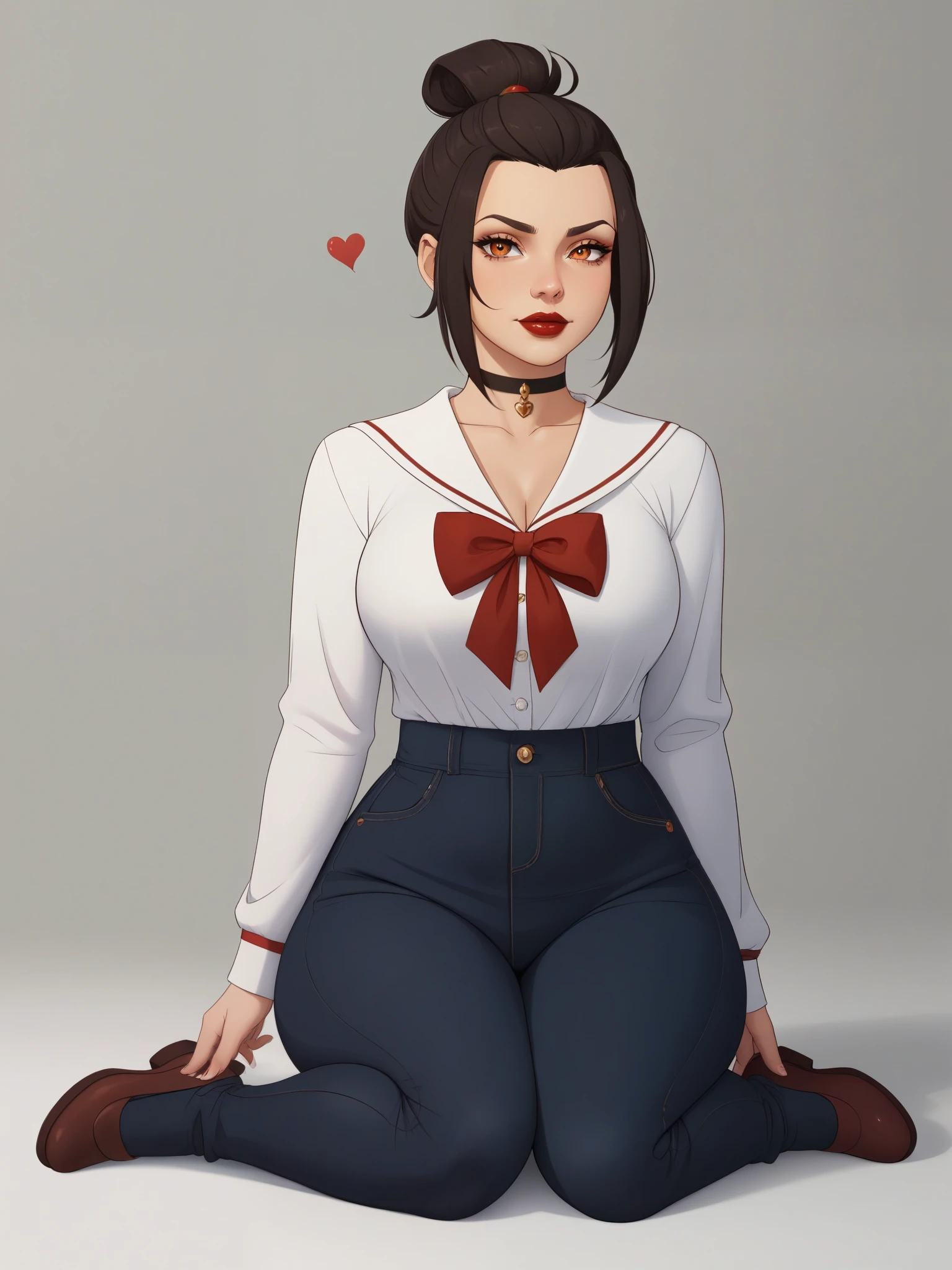 Azula. (a beautiful, young, fair-skinned, amber-eyed and slender girl of medium height. Azula's makeup consists of mascara and red lipstick. Azula also has wavy dark brown hair down to the middle of her back with two additional strands above her shoulders. choker. school uniform. jeans. cardigan. bbw. heart. sitting. school