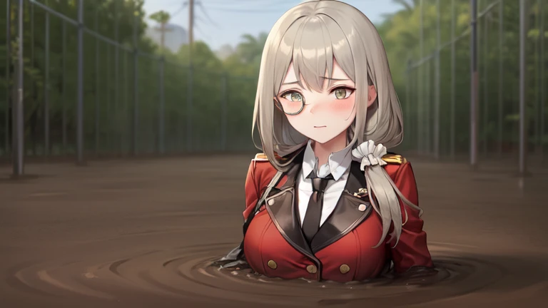 masterpiece, best quality, 1girl, solo, blush, heliandef, monocle, scrunchie, military uniform, red coat, necktie, large breasts, partially submerged, in mud, (flooding up to the chest:1.5), upper body, jungle, bogged,