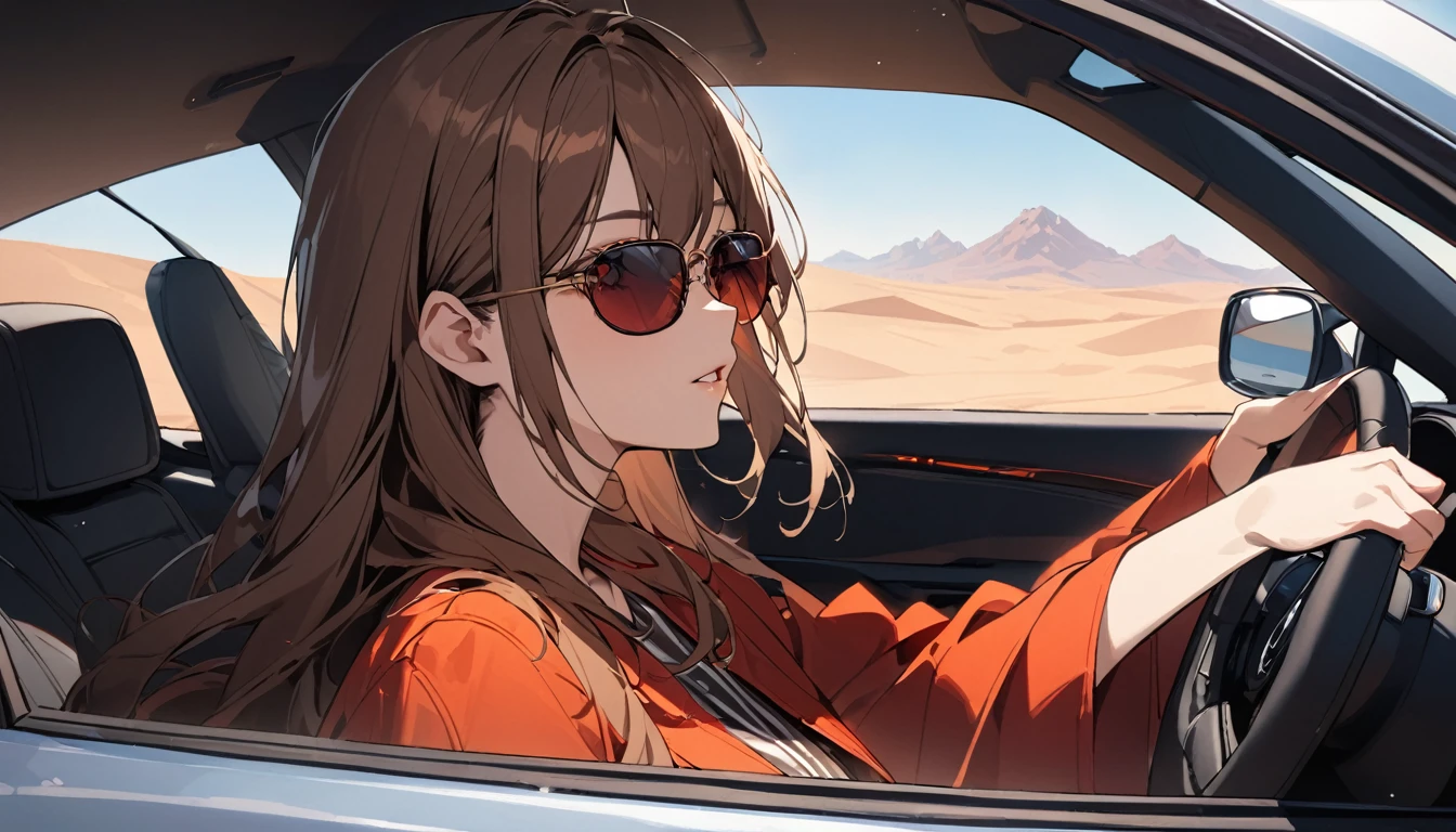 Highest quality,Beautiful woman driving a car,Wearing sunglasses,Brown hair long,Red body,Outside the window is the desert