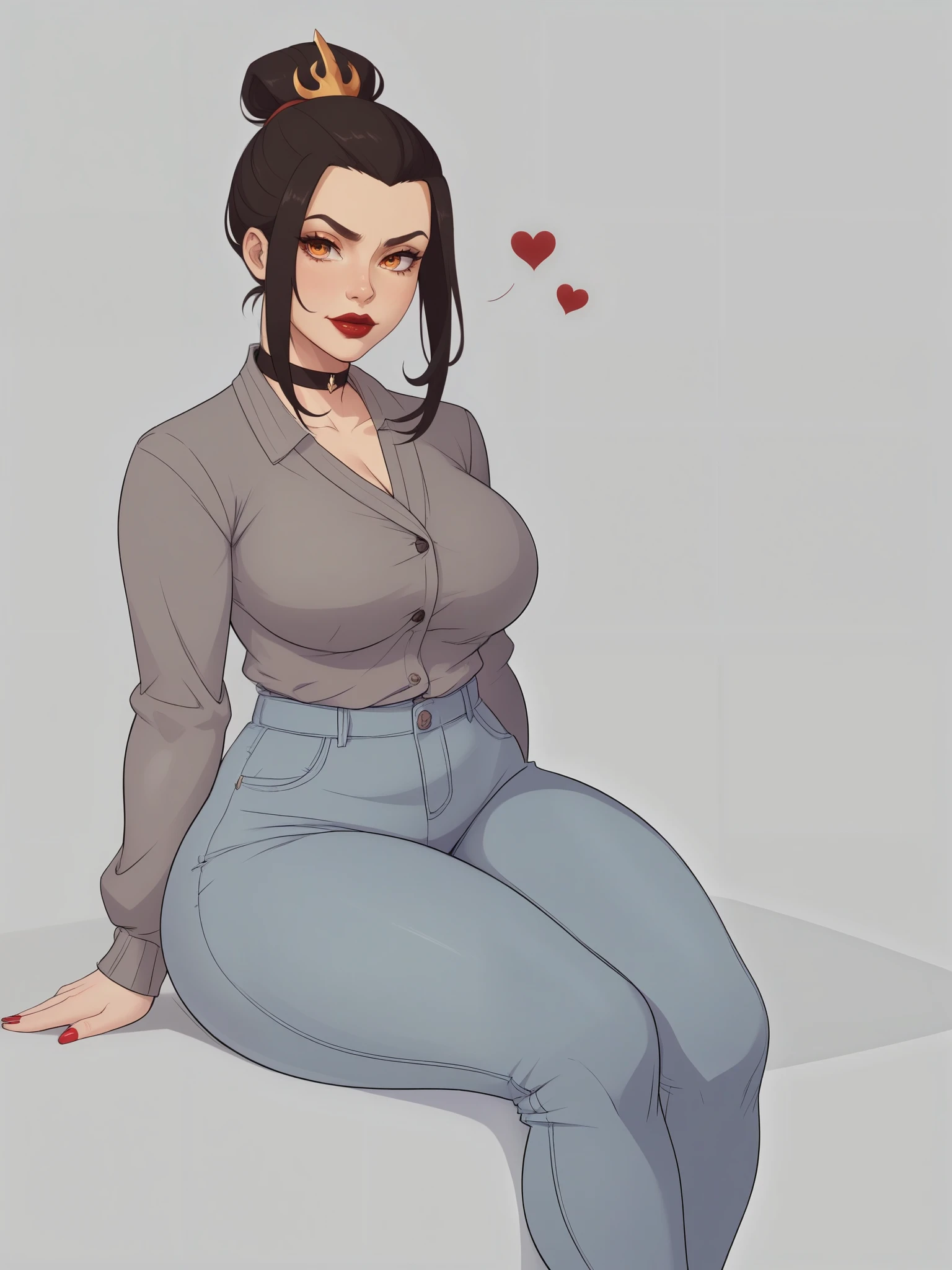 Azula. (a beautiful, young, fair-skinned, amber-eyed and slender girl of medium height. Azula's makeup consists of mascara and red lipstick. Azula also has wavy dark brown hair down to the middle of her back with two additional strands above her shoulders. choker. school uniform. jeans. cardigan. bbw. heart. sitting. school