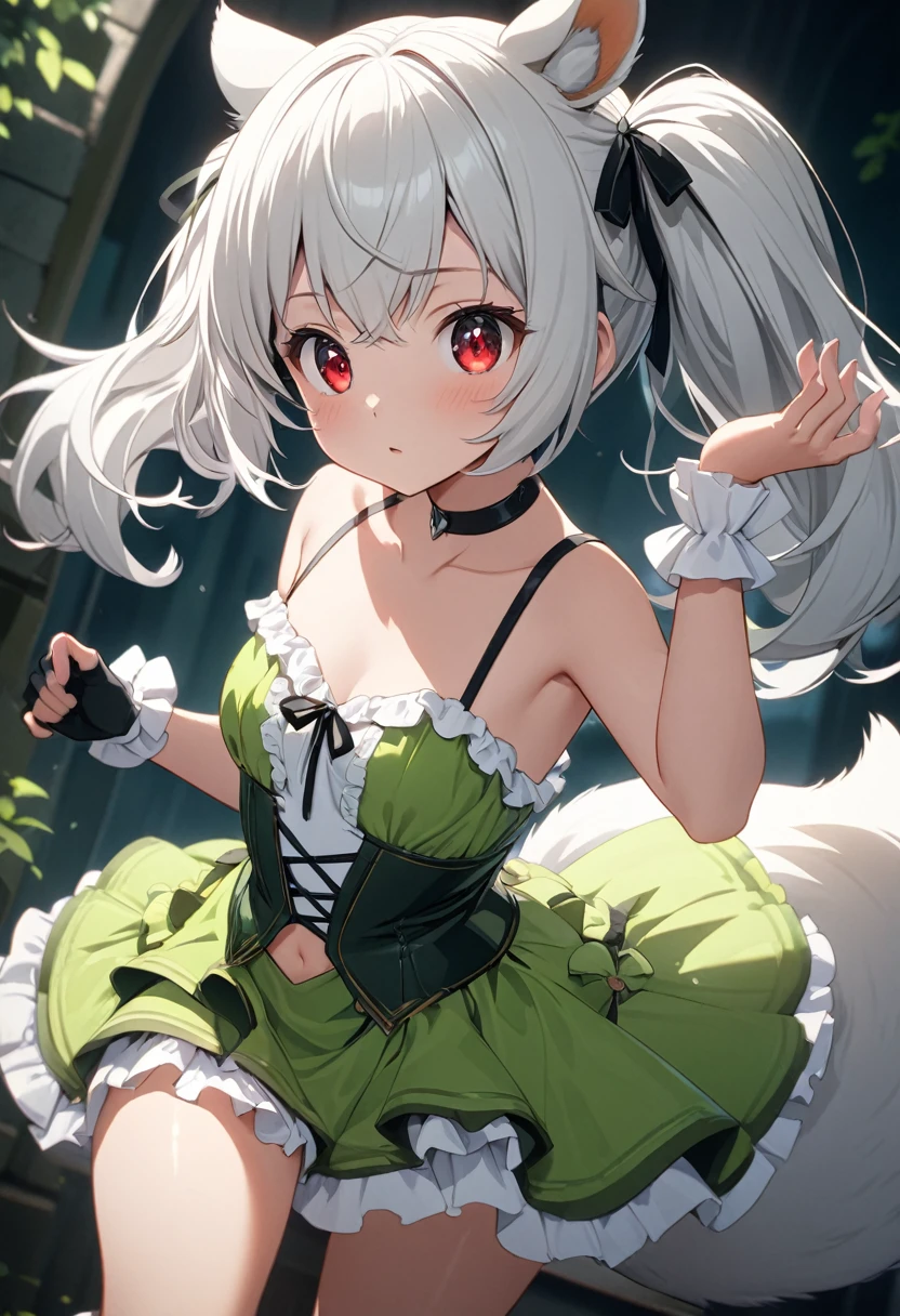 1 Girl, One, animal ears, rabbit, barefoot, knees up, dress, sitting, rabbit ears, short sleeves, I look at the viewer, grass, short hair, smile, White hair, puffy sleeves, On open air, puffy short sleeves, bang, on the ground, whole body, animal, white dress, Sun Ray, Brown eyes, dappled Sun Ray, day, Depth of field, skirt up, Hentai, pink panties, lowered to the knees, nsfw