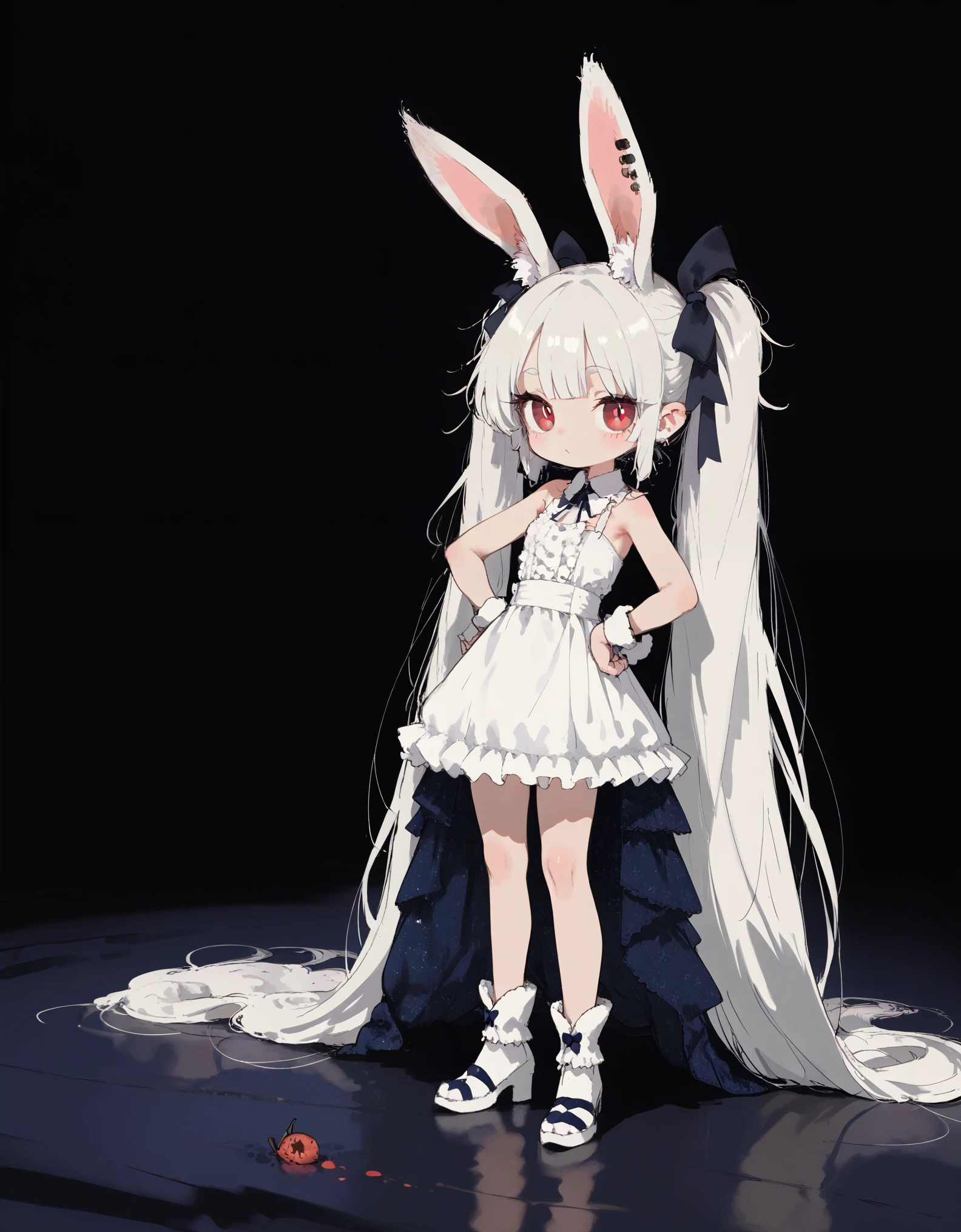 solo,1girl\((chibi:1.3),cute,kawaii,small kid,(white hair:1.7),(very long hair:1.7),bangs,(ear\(fluffy white bunny-ear\):1.4),(red eye),big eye,beautiful shiny eye,skin color white,big hairbow,(white frilled dress:1.3),breast,white rabbit tail at hip\), BREAK ,background\(at rainy dim dark park\), quality\(8k,wallpaper of extremely detailed CG unit, ​masterpiece, high resolution, top-quality, top-quality real texture skin, hyper realistic, increase the resolution, RAW photos, best quality, highly detailed, the wallpaper, golden ratio\),,d4rkpurp,dynamic angle