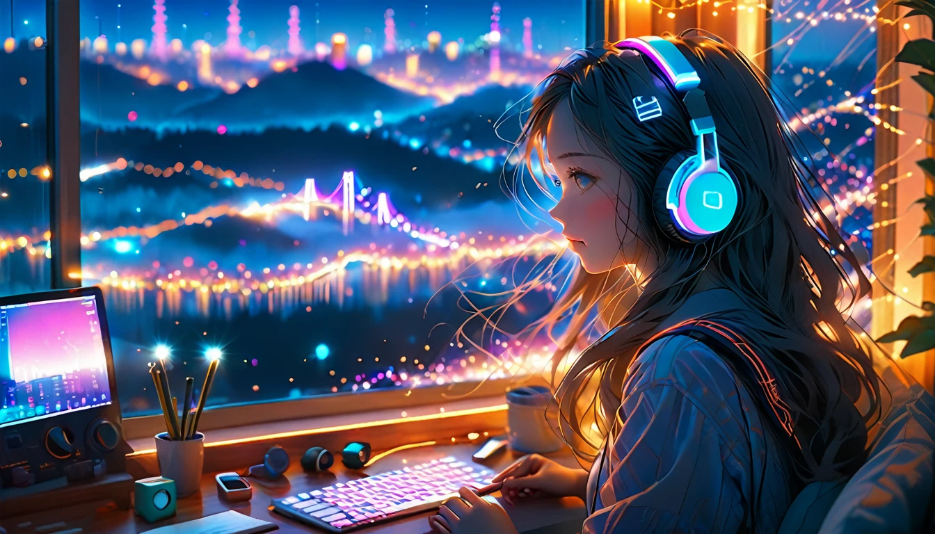 Beautiful girl studying in her room while listening to music with headphones、long hair、Warm indirect lighting、Beautiful cityscape from the room window、Japanese anime style、